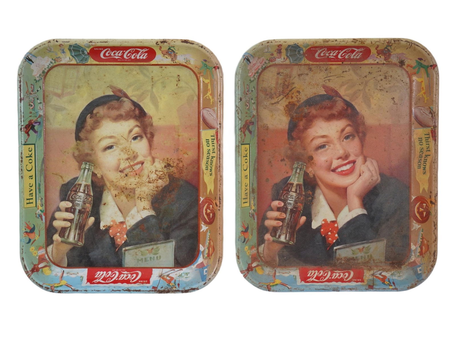 PAIR OF VINTAGE PORTRAIT METAL COCA COLA TRAYS (1 of 4)