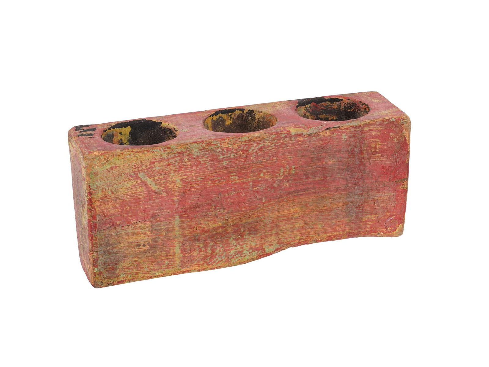 VINTAGE MID CENTURY DISTRESSED WOOD CANDLE HOLDER: A vintage distressed wood candle holder. Circa mid 20th century. The three candle candle holder is of an asymmetrical rectangular shape, painted in pink and orange. Desk Wares, Home Decor, and Collect