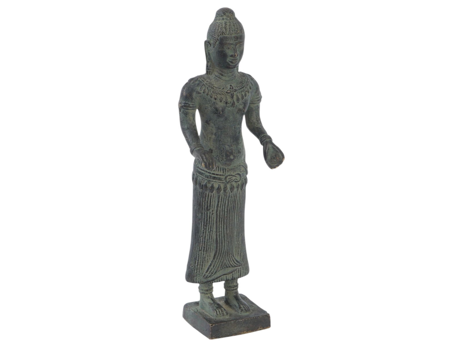 ANTIQUE KHMER STYLE LAKSHMI BRONZE SCULPTURE: An antique Khmer style Baphuon Lakshmi bronze sculpture. A Devi Consort of Vishnu. The statue has a slender, elongated body and wears a long garment and has ornate decorations around the neck, arms, a