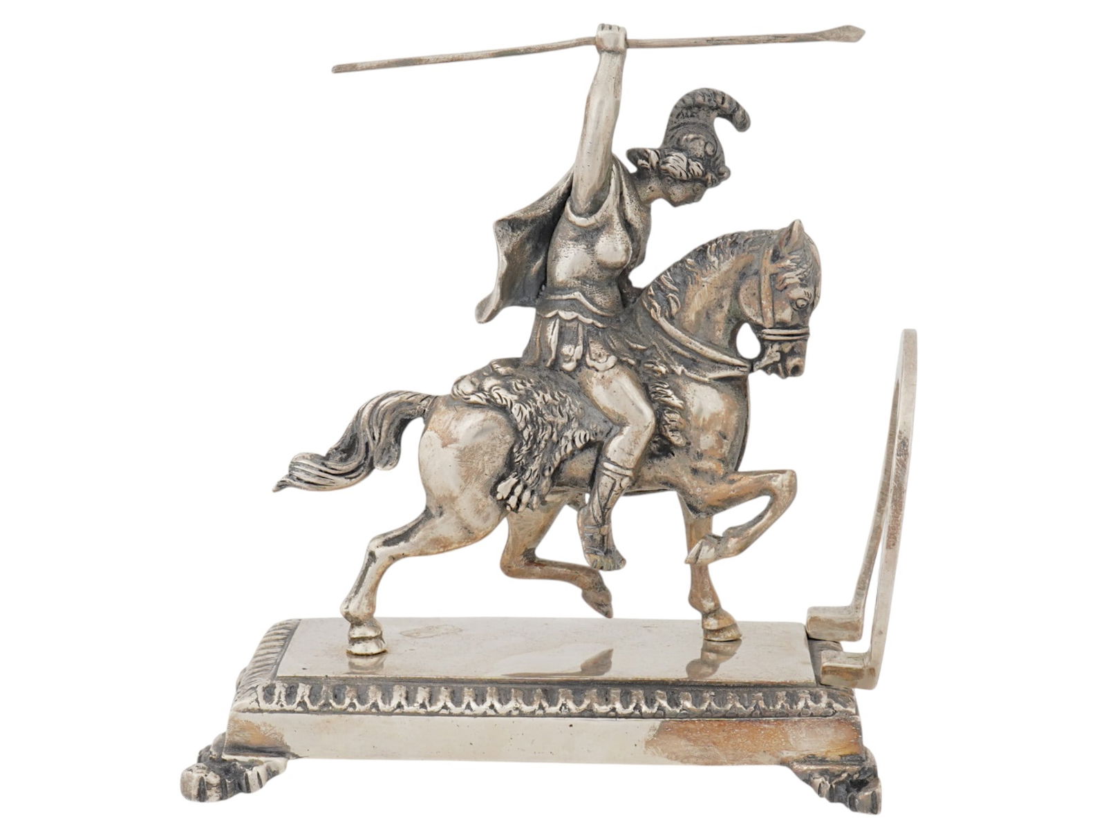 VINTAGE WARRIOR ON HORSE METAL FIGURINE: A vintage metal figurine of a warrior riding a horse. The warrior is dressed in classical Greek or Roman armor and is holding a spear aloft. The horse is in a rearing position. The sculpture is mounte