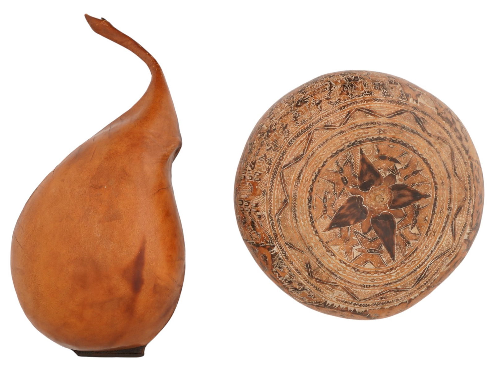 TWO PERUVIAN DECORATIVE GOURDS ONE LEATHER (1 of 7)