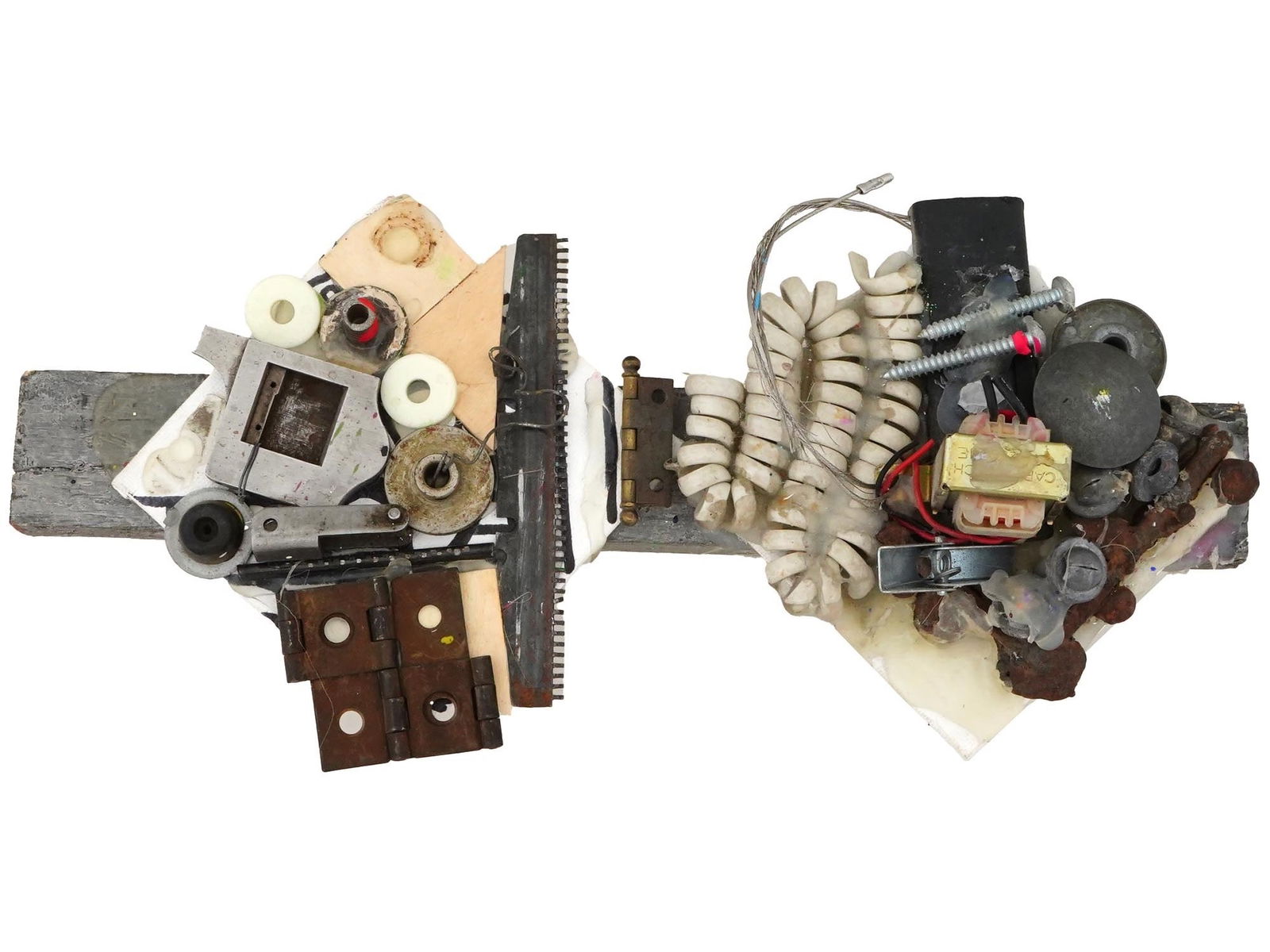 STUDIO D M WILDING FOUND OBJECT ABSTRACT SCULPTURE: An abstract sculpture by Studio D M Wilding, constructed from found objects. The sculpture is composed of various industrial and discarded items, including pieces of wood, metal components like hinges