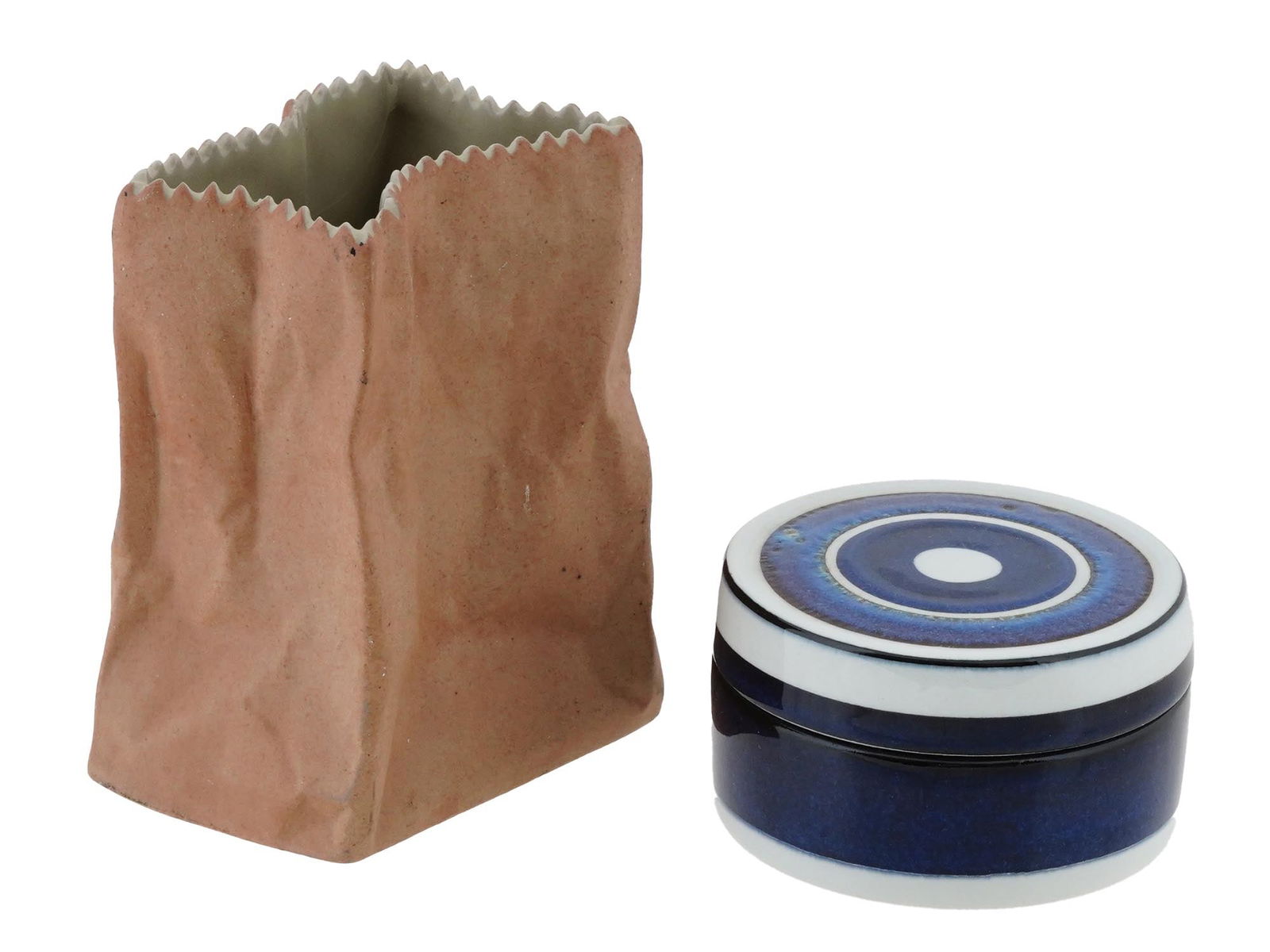 ROSENTHAL CERAMIC PAPER BAG VASE W ROYAL COPENHAGEN BOX: A vintage Rosenthal ceramic paper bag vase and Royal Copenhagen ceramic lidded box. A Rosenthal vase designed to resemble a crumpled brown paper bag. The texture and coloring give it a realistic paper