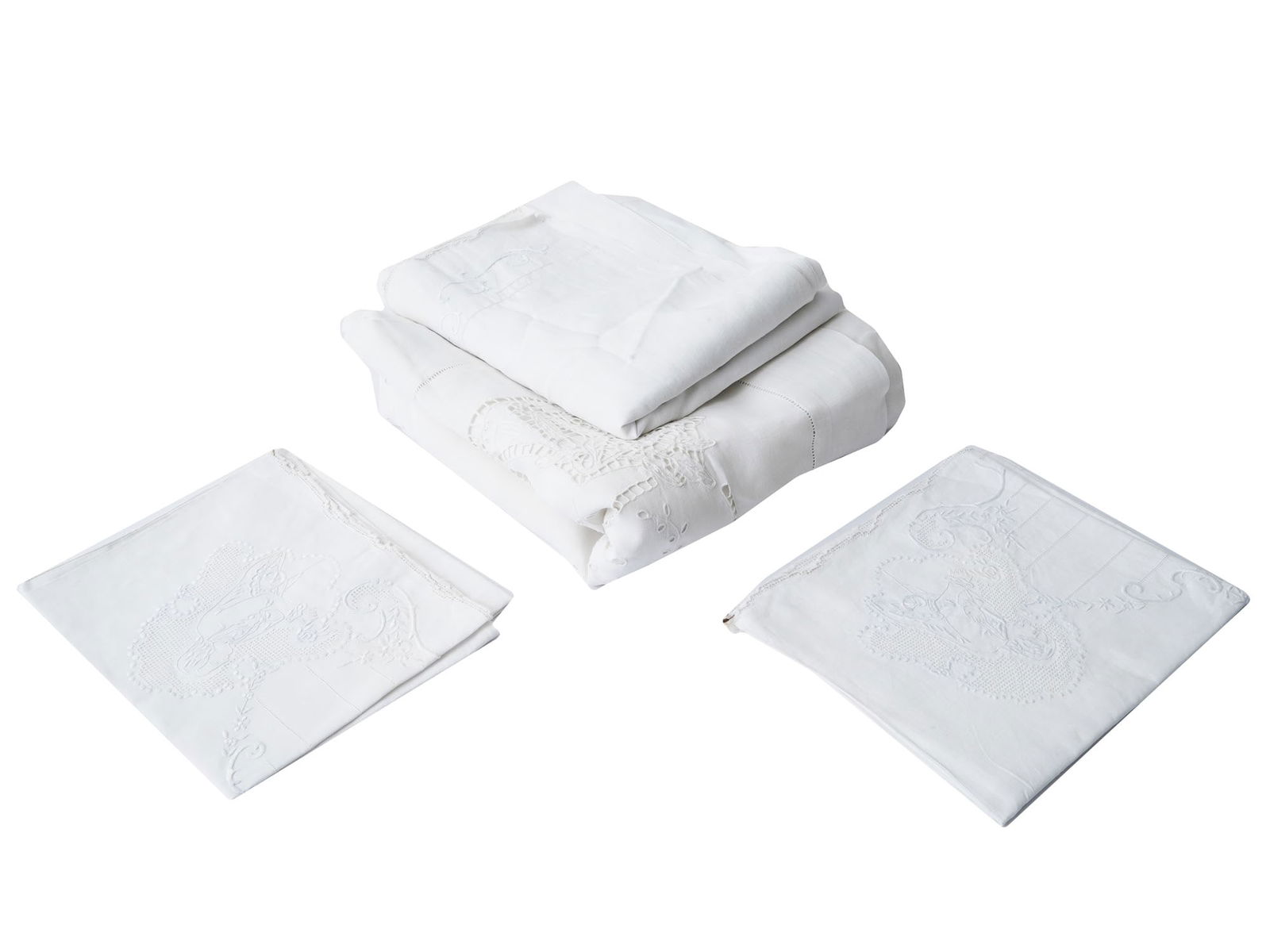 ANTIQUE 18TH C REVIVAL EMBROIDERED BED CLOTHES SET: A set of early 20th-century drawn thread work and Madeira embroidered bed clothes. 18th-century Rococo Revival style. The set includes one large sheet with a galant scene, two matching pillowcases, an