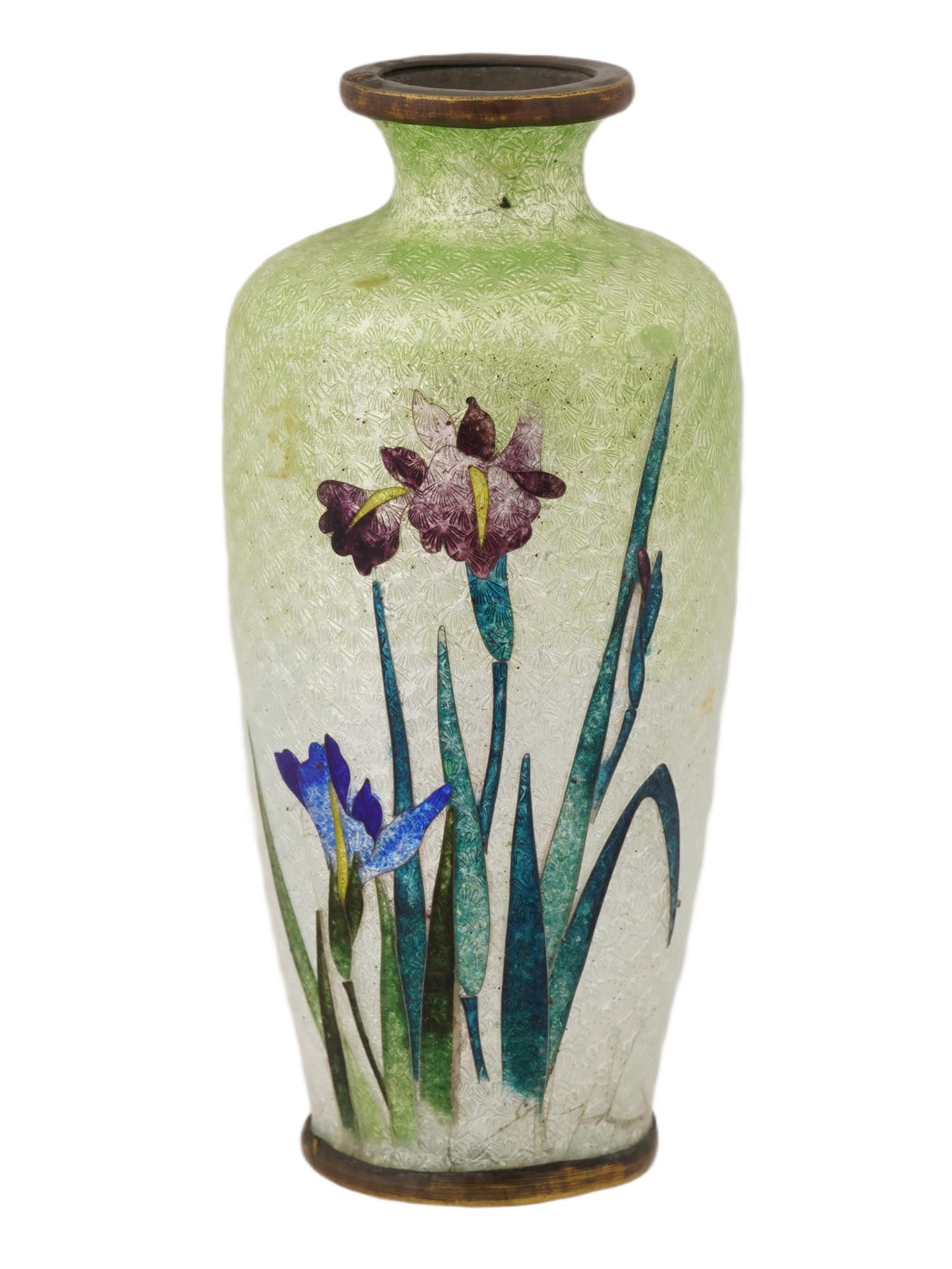 ANTIQUE JAPANESE MEIJI ERA GINBARI CLOISONNE VASE: An antique Japanese copper vase with polychrome ginbari cloisonne enamel decor. Late Meiji period, before 1912. Ovoid bottle shape. Iris flower motif against the white and green background. Marked on