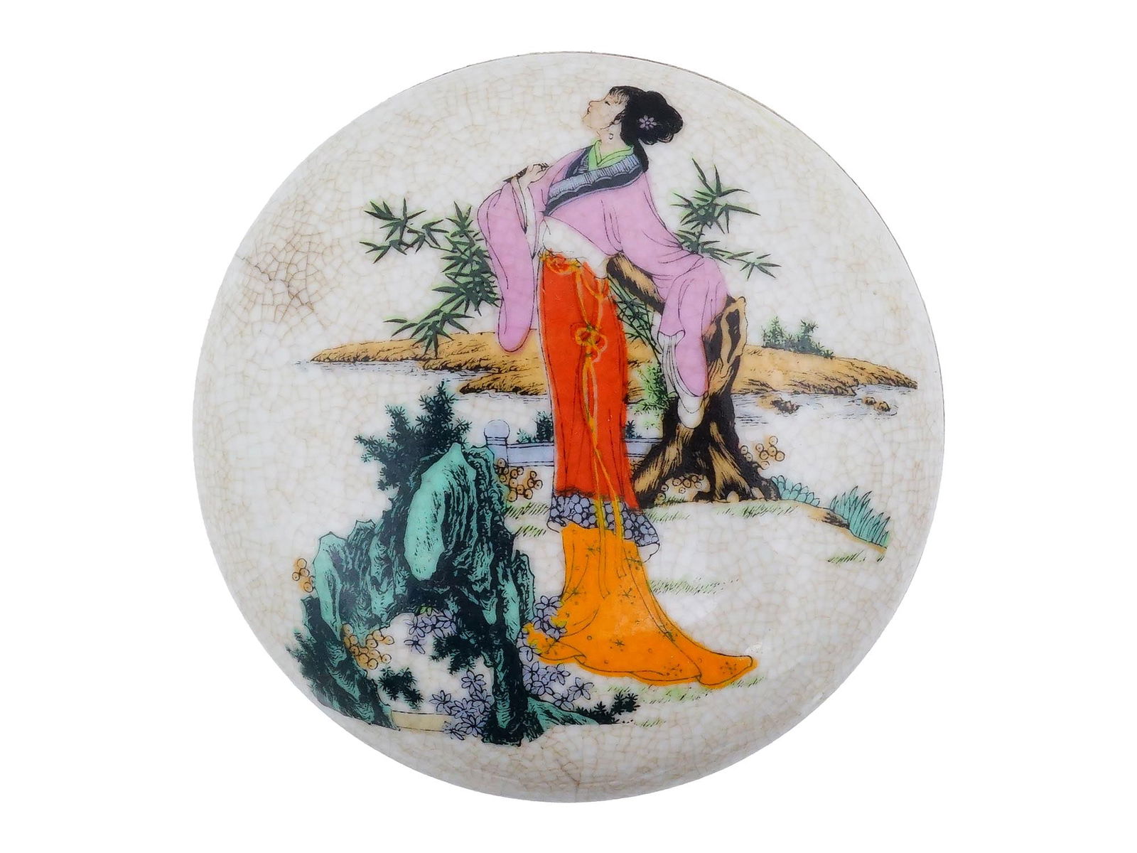 VINTAGE CHINESE CRACKLE GLAZED LIDDED ROUND BOX: A vintage Chinese crackle-glazed lidded round box, decorated with painted figures of girls, one adorning the lid and another to the interior, with the lower section featuring stylized dragon designs.