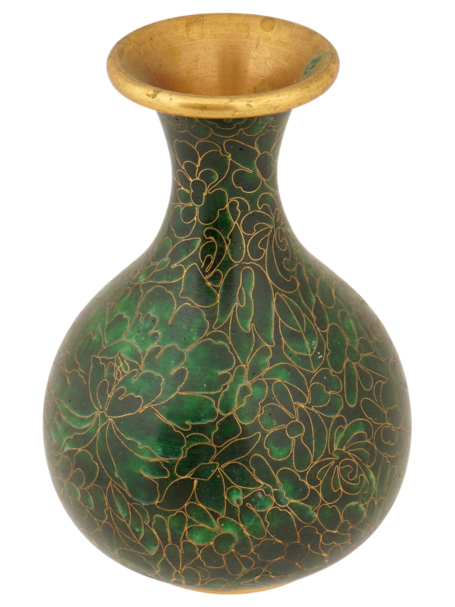 VINTAGE CHINESE CLOISONNE ENAMEL VASE W FLOWERS: A vintage Chinese cloisonne enamel vase. The vase is pear-shaped and decorated with a green floral pattern with a gold outline, made using the cloisonne enamel technique. Asian Oriental Home Decor and
