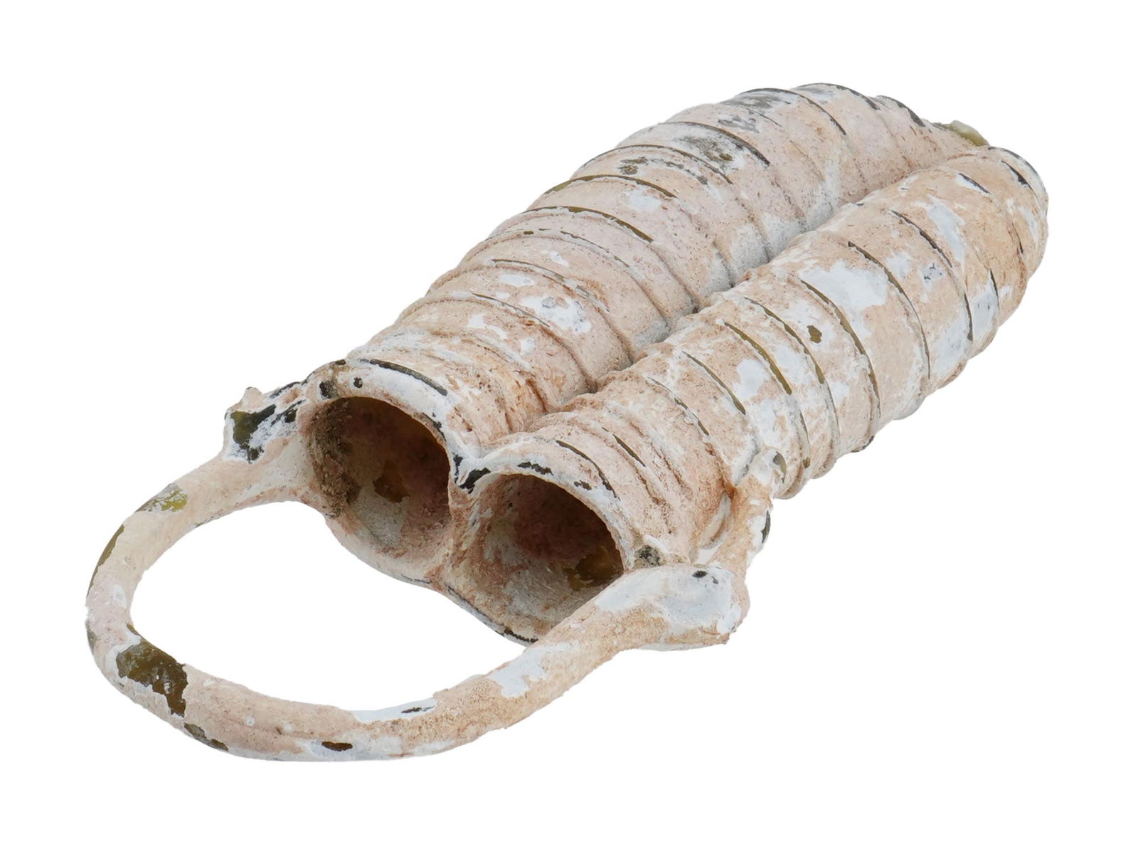 ANCIENT ROMAN GLASS DOUBLE SPOUTED PERFUME BOTTLE: An ancient Roman glass perfume bottle or vase. The ware is made in a double spouted design and decorated with ribbed elements. Circa: 100 to 300 AD. Ancient Roman Glass Wares and Accessories, Museum P