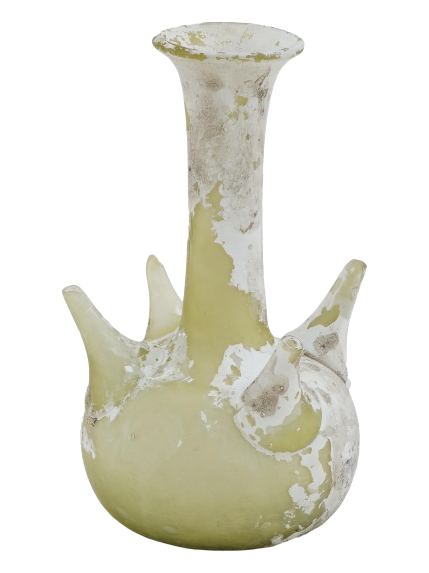 ANCIENT ROMAN GLASS VESSEL OF UNUSUAL DESIGN: An ancient Roman glass vessel of unusual design. The yellow glass vessel has an ovoid body with an elongated central neck that widens at the top, and four short spouts around it. Ancient Roman Glasswa