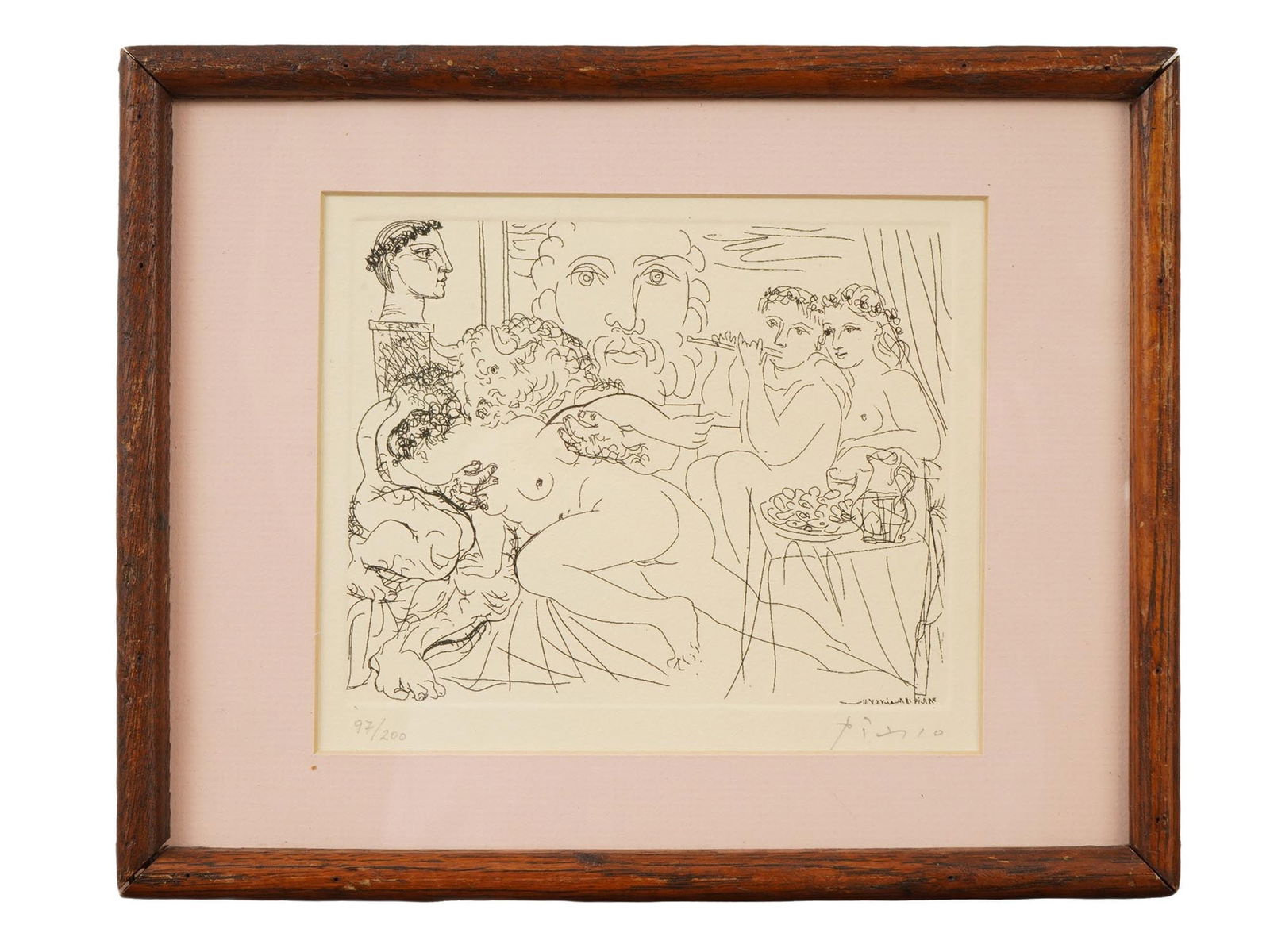 SIGNED LIMITED EDITION GENRE SCENE ETCHING: A vintage limited edition genre scene etching. The etching depicts a complex genre scene with nudes and a musician playing the flute. Numbered 97 of 200 lower left. Illegible signature lower right. Ma