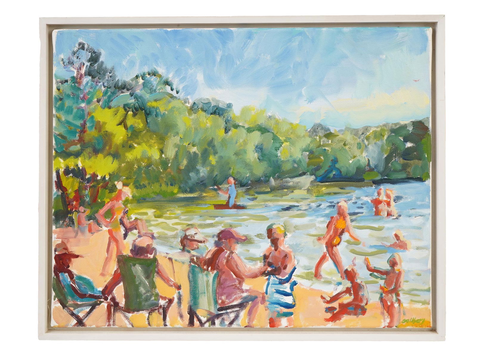 AMERICAN OIL PAINTING BY BETSY GOLDBERG: Betsy Goldberg, a Contemporary American artist, oil painting on canvas depicting a sunny beach. Signed lower right. Framed. Additionally inscribed on the back side. Betsy Goldberg is an independent co