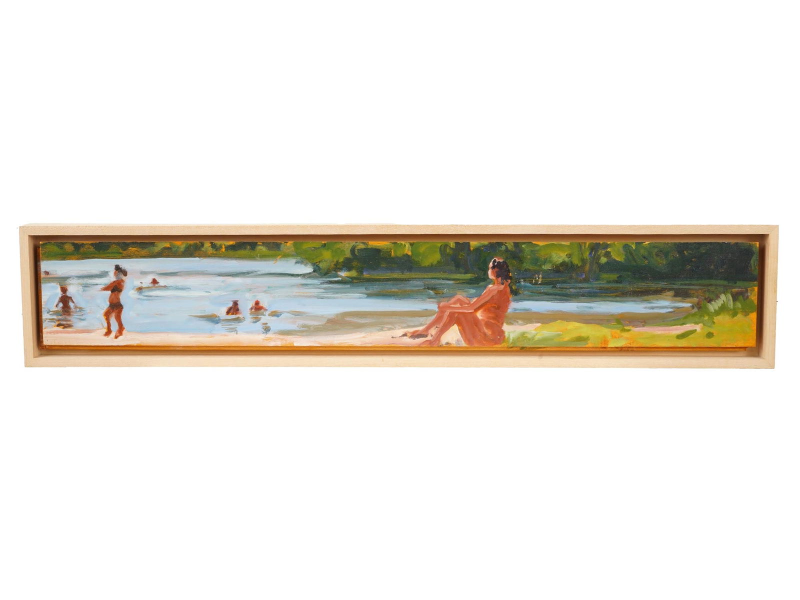 AMERICAN LANDSCAPE PAINTING BETSY GOLDBERG BEACH SCENE: Betsy Goldberg, American, 20th century, an oil on board beach scene painting in a long panoramic horizontal format, depicting a tranquil river landscape with figures enjoying the water. Betsy Goldberg