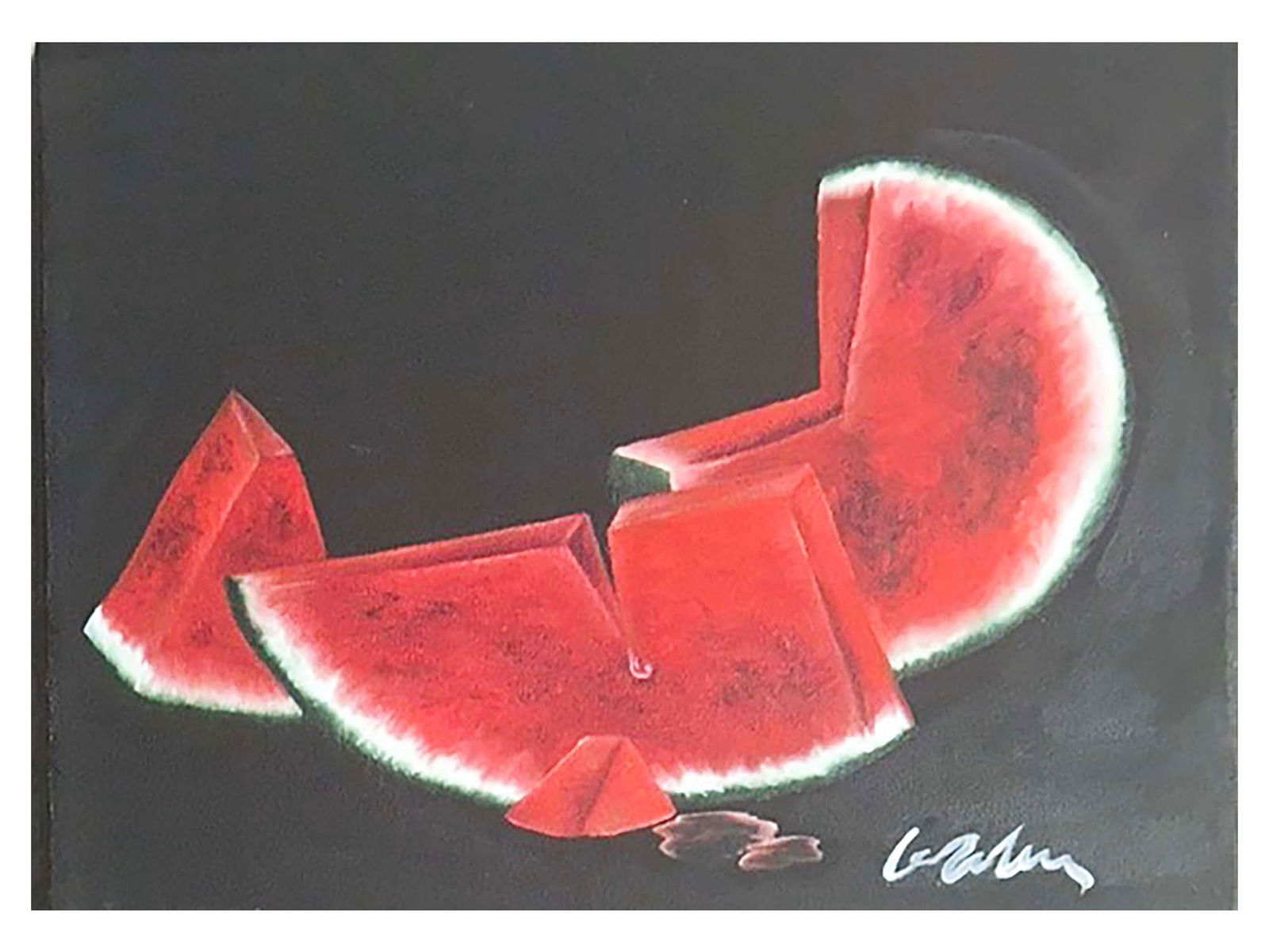 ENGLISH WATERMELON PAINTING SIGNED DAVID HOCKNEY: An acrylic painting on canvas, signed in the lower right David Hockney, dated to the 1990s and titled Pieces of Watermelon. David Hockney, English, 1937, is a painter, draughtsman, printmaker, stage d