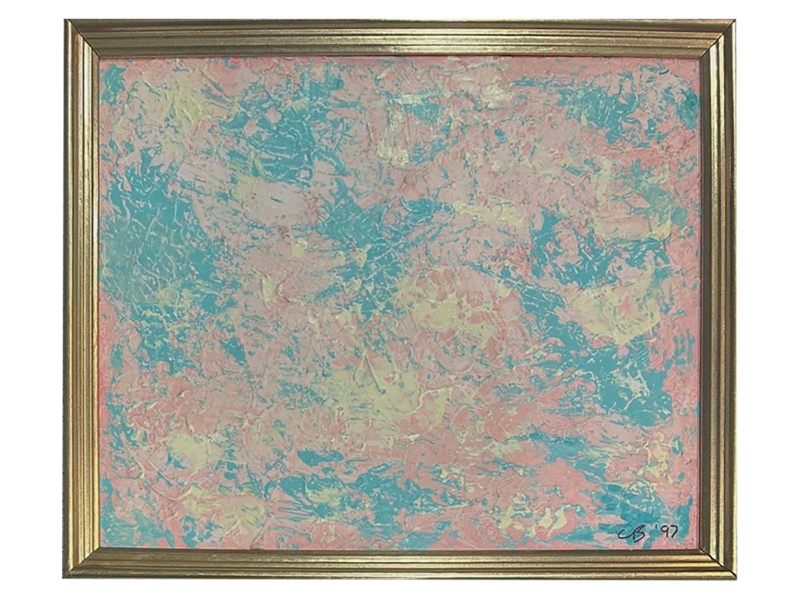SIGNED CECILY BROWN OIL ABSTRACT PAINTING 1997: A vintage European school oil on canvas abstract painting. Dated 1997 and signed lower right with initials CB, Cecily Brown, born 1969 British artist. The painting depicts an abstract composition in b
