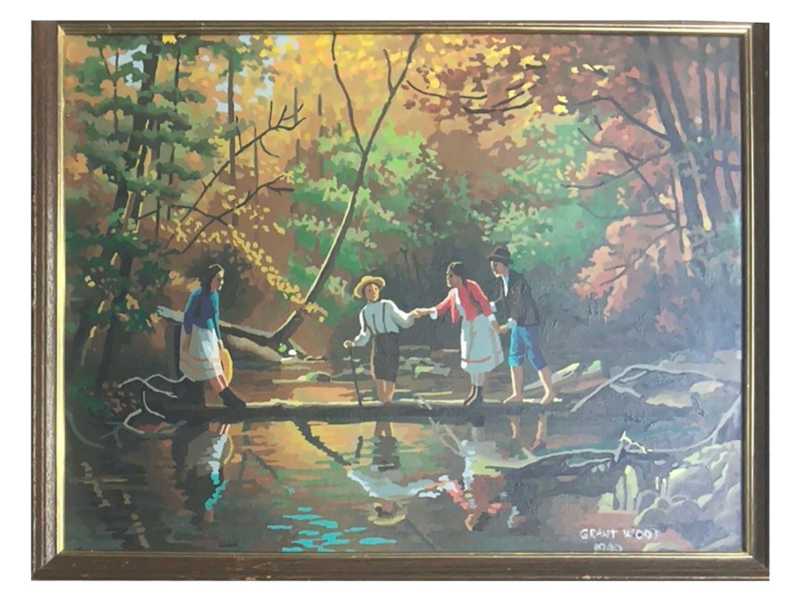 AMERICAN OIL PAINTING SIGNED GRANT WOOD 1940: An oil painting on canvas mounted on board, Children on the river, 1931. Signed, Grant Wood, and dated 1940, lower right. Framed. Bears a paper label on the back side. Grant Wood is known for Regional