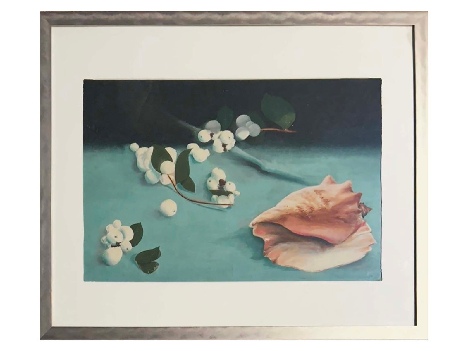 AMERICAN SHELL OIL PAINTING BY GERTRUDE ABERCROMBIE: Gertrude Abercrombie, German, American, 1909 to 1977, oil painting on canvas board, Shell with White Flowers, 1954. Signed and dated, on the backside. Framed. Gertrude Abercrombie is known for Surreal