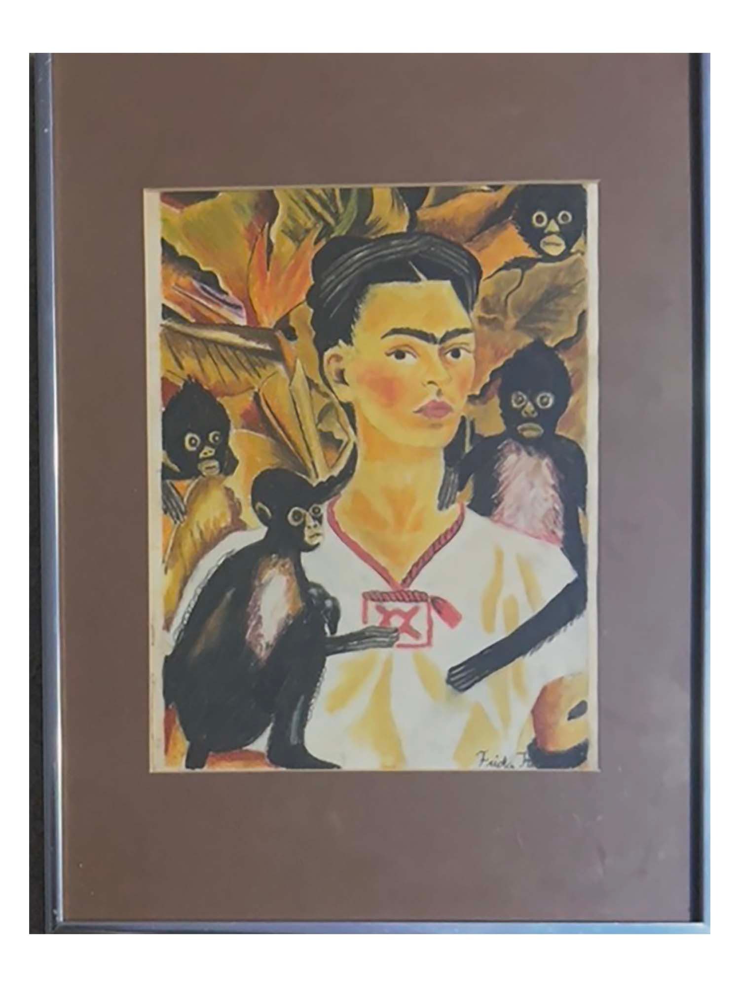 ATTR TO FRIDA KAHLO PAINTING SELF PORTRAIT WITH MONKEYS: Attributed to Frida Kahlo, Mexican, 1907 to 1954, a watercolor painting on paper, signed and dated 1943 in the lower right, titled Self Portrait with Monkeys. The composition reflects the intimate and