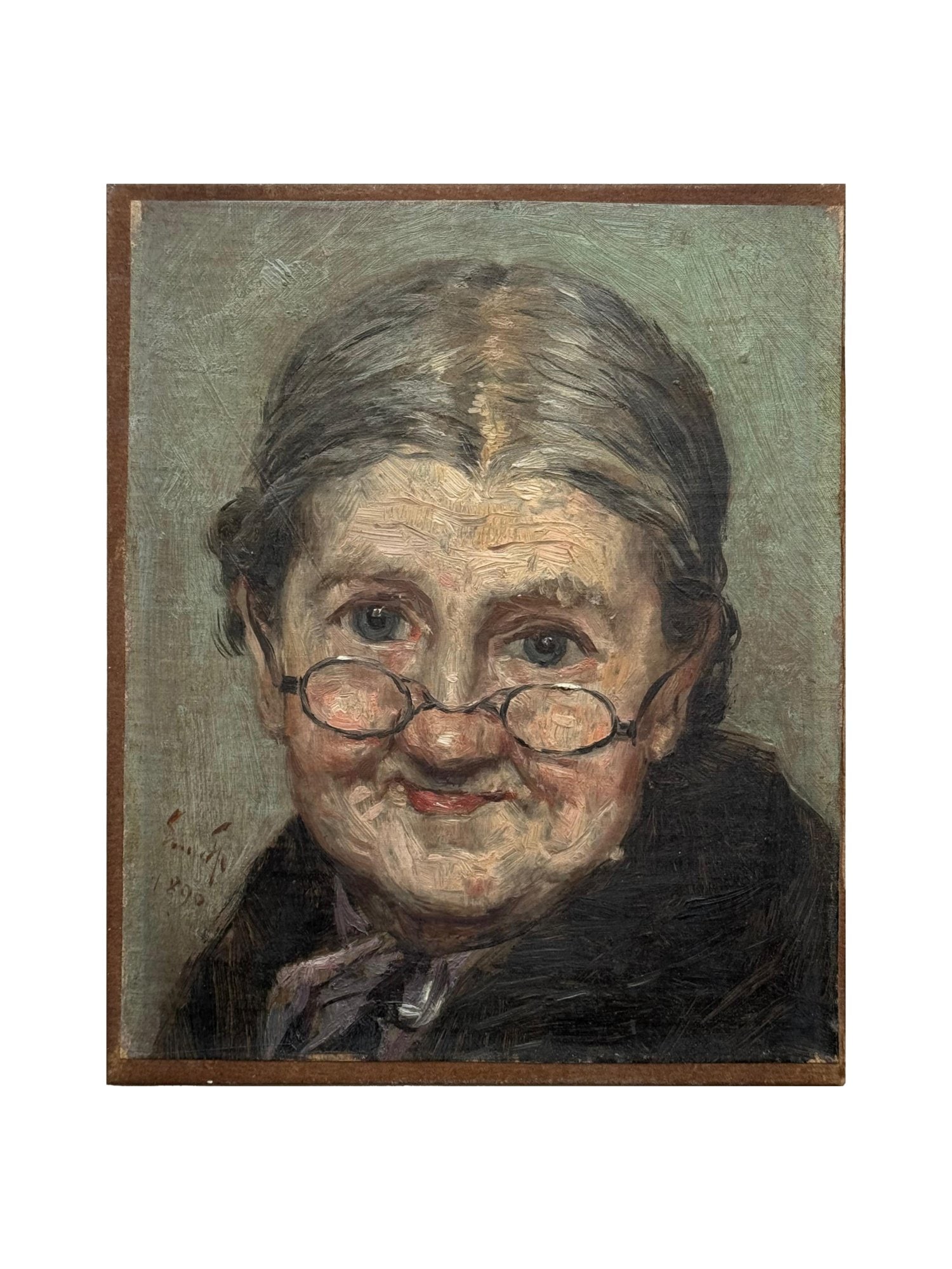 ANTIQUE PORTRAIT OF ELDERLY WOMAN WEARING SPECTACLES: An antique portrait depicting an elderly woman wearing spectacles, rendered in oil on canvas laid to board. Signed to the left edge and dated 1890. Antique Portrait Painting And Art Collectibles.