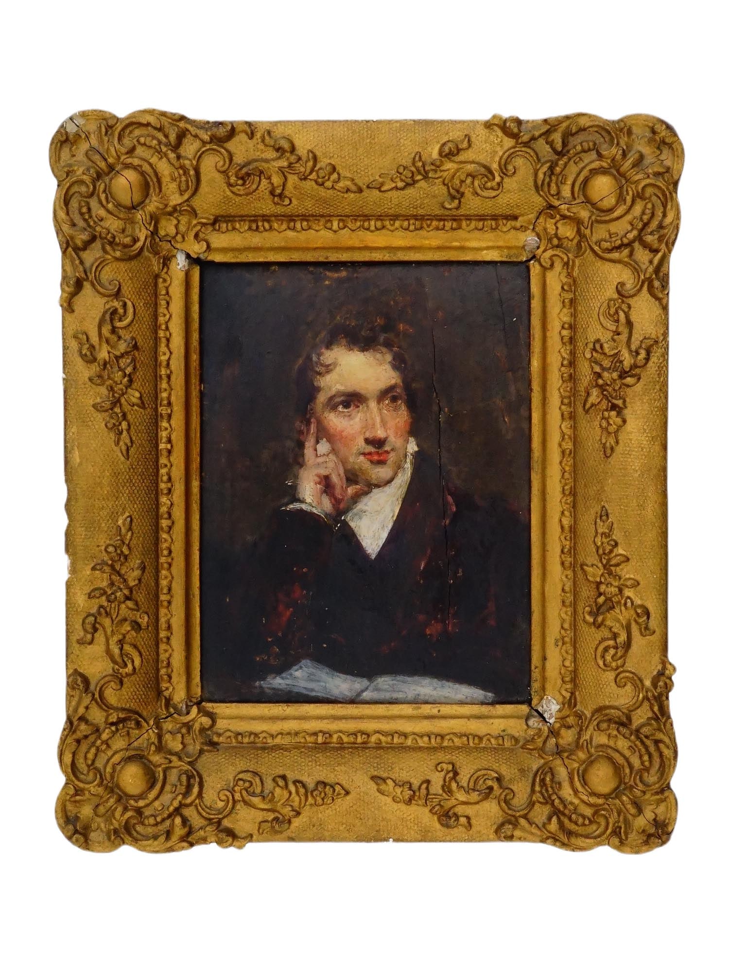 ANTIQUE ROMANTICISM OIL PAINTING PORTRAIT OF A MAN: An antique oil portrait painting on canvas, depicting a male figure seated in a contemplative pose with head resting on hand, characteristic of Romantic-era portraiture. Dating to the 19th century. Fr