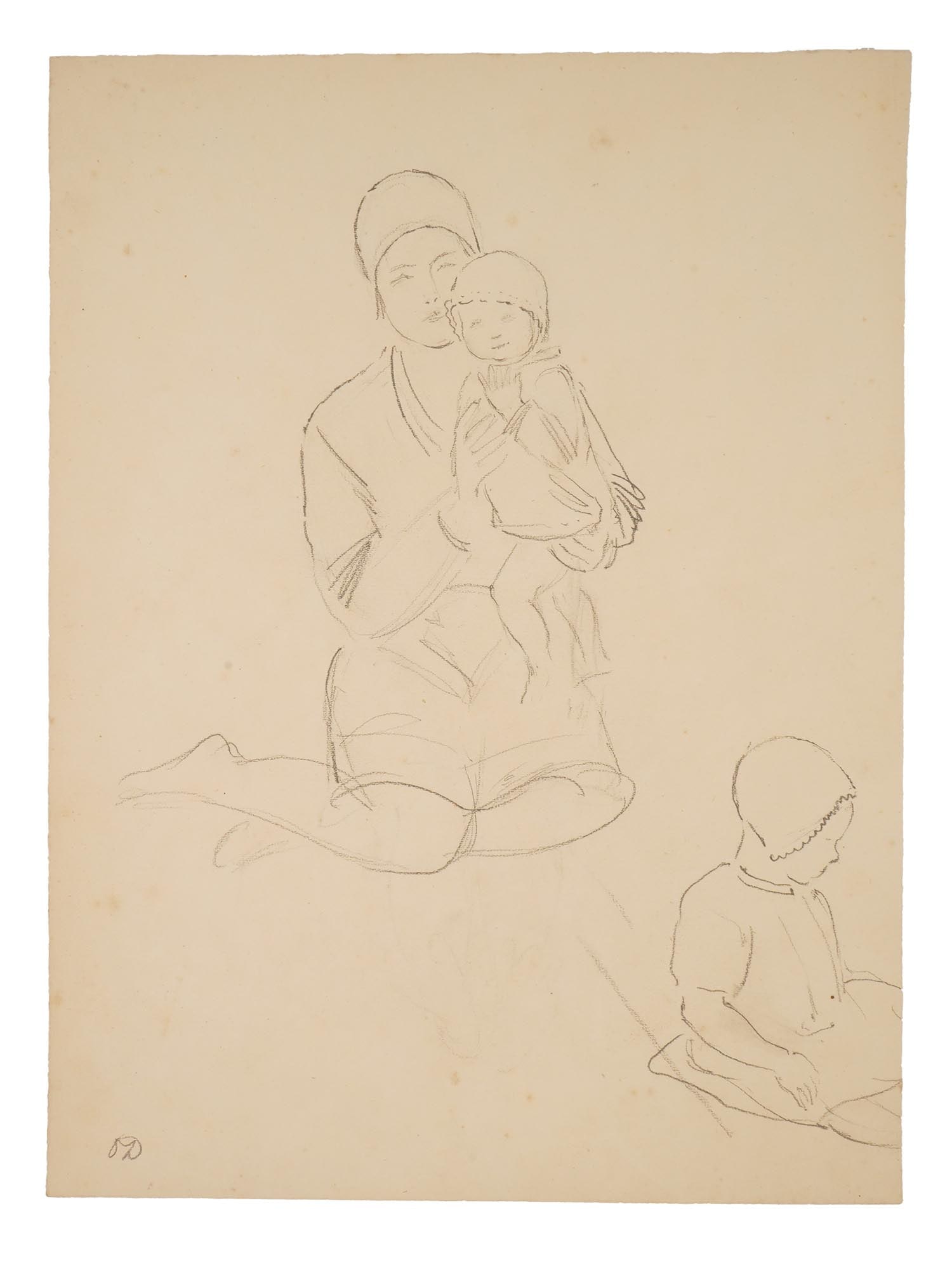 OLGA DEINEKO RUSSIAN PENCIL DRAWING MOTHER AND CHILD: Olga Deineko, Russian, 1897 to 1970, pencil on paper drawing. A sketch of a woman with two children. Signed with initials in the lower left. Unframed. Olga Deineko is a graphic artist and book illustr