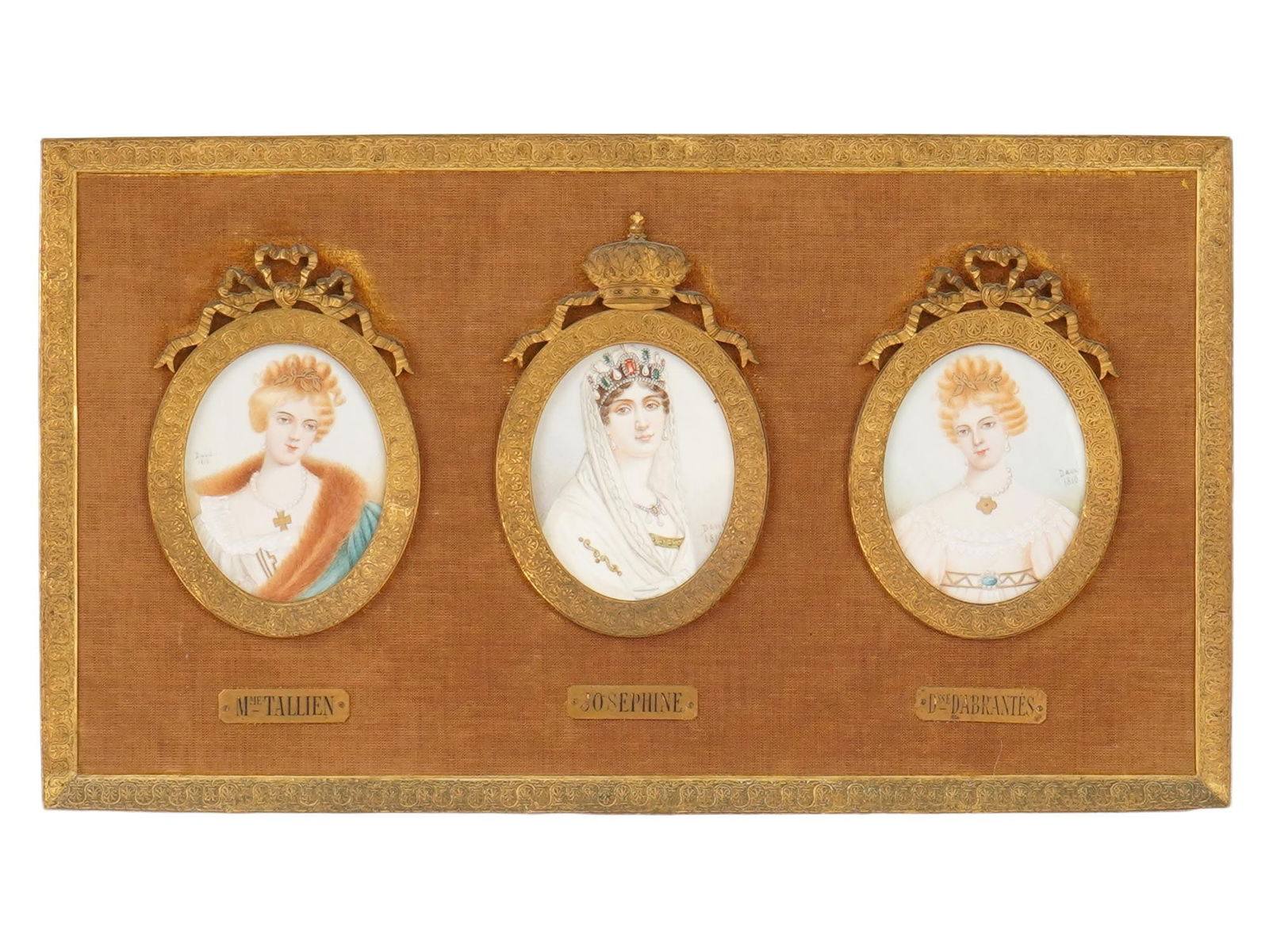 ANTIQUE FRENCH PORTRAIT MINIATURES NAPOLEONIC FIGURES: A group of three antique French portrait miniatures of Napoleonic figures, depicting Madame Tallien, Empress Josephine, and the Duchess dAbrantes, each identified by engraved plaques below the portrai