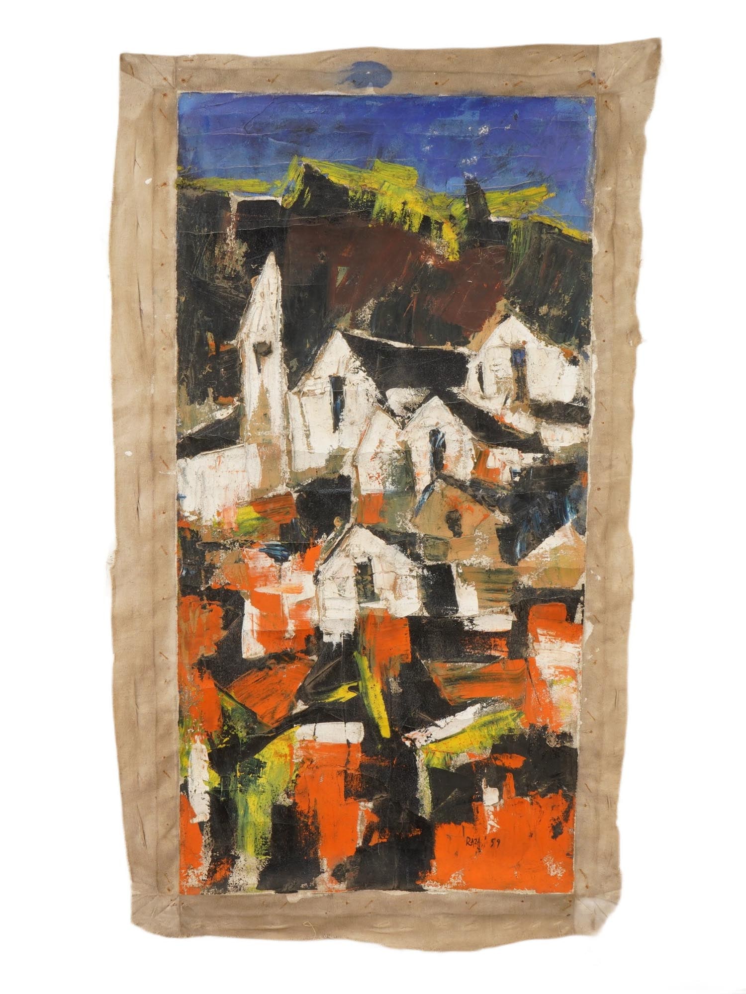 INDIAN OIL PAINTING SIGNED SAYED HAIDER RAZA W COA: An oil painting on canvas depicting a townscape, 1959. Signed, Raza, and dated 59, lower right. Additionally signed and dated, on the backside. Completed with a certificate of authenticity, signed. Sy