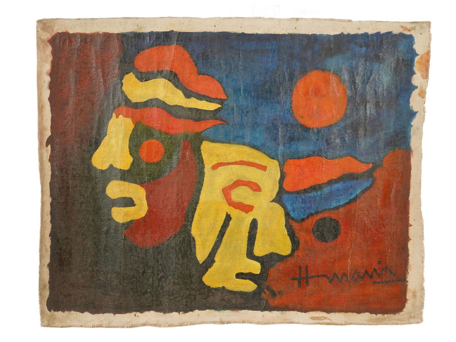 INDIAN OIL PAINTING SIGNED MAQBOOL FIDA HUSAIN: An oil on canvas painting, signed Maqbool Fida Husain, Indian, 1915 to 2011. The artwork depicts two abstract heads. Signed lower right. Unframed. M.F. Husain was one of the founding members of Bombay
