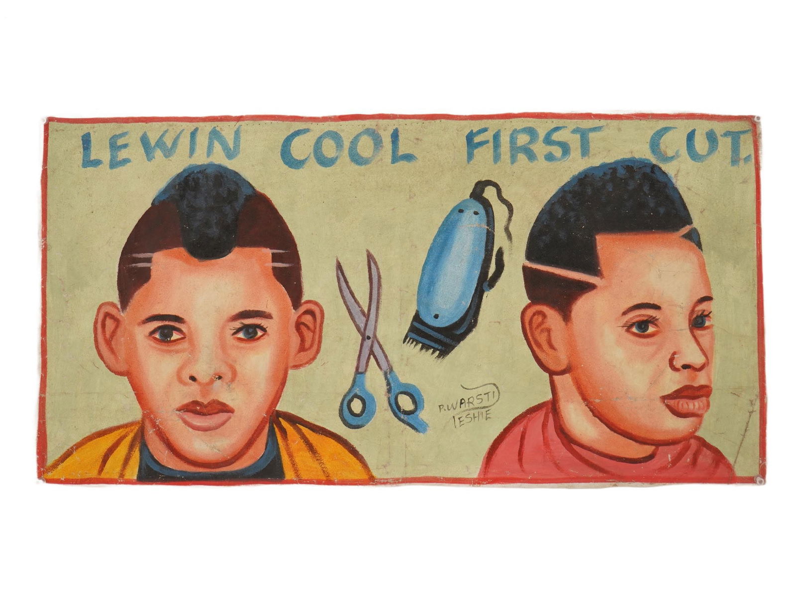 GHANAIAN OIL PAINTING BARBERSHOP SIGN BY PAPA WARSTI: A vintage oil painting on a flour bag barbershop sign from Ghana. Signed by P. Warsti of Teshie, lower right. The sign advertises the Lewin Cool First Cut barbershop and features stylized portraits of