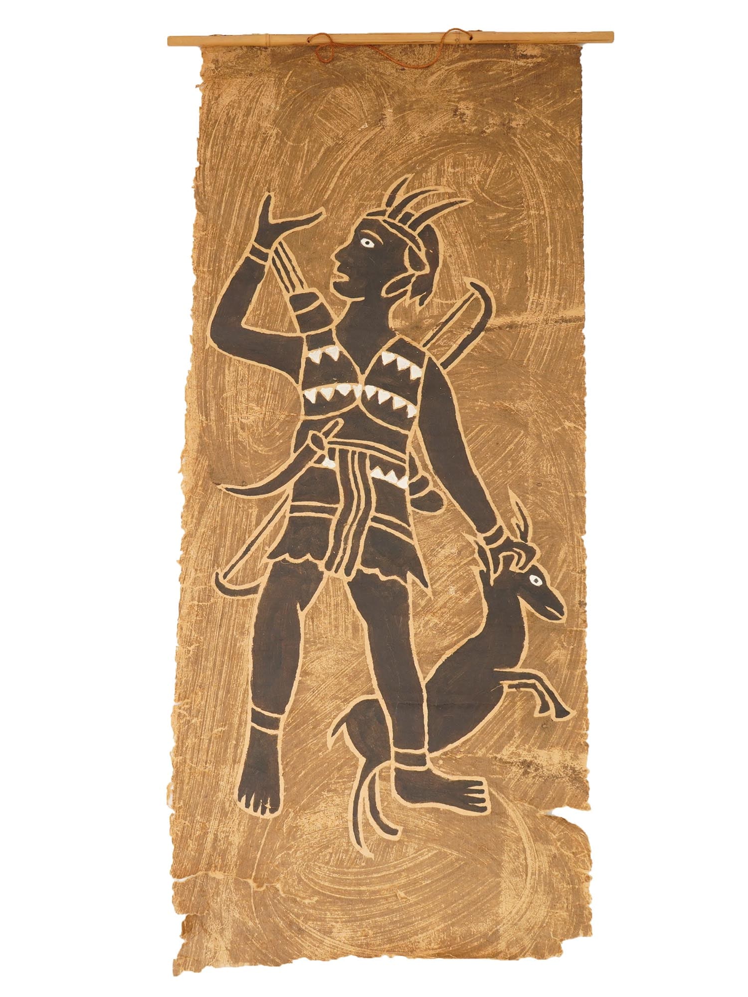 TAIWANESE FOLK ART HAND PAINTED ARTWORK ON TREE BARK: A Taiwanese hand crafted painting on tree bark paper with organic shaped edges. The artwork depicts a figure of a hunter or warrior with a bow and quiver, holding a small animal by the leg, similar to