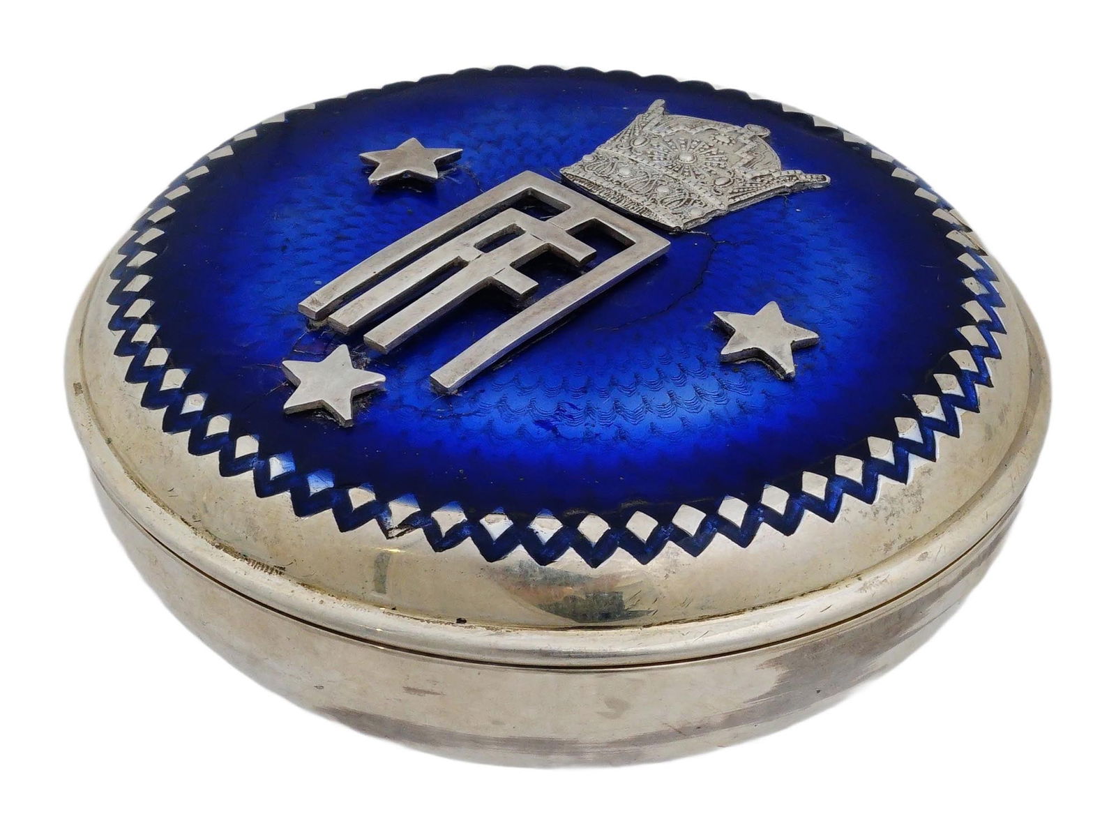 1939 PERSIAN PAHLAVI MARRIAGE GILT SILVER ENAMEL BOX: A vintage gilt silver and blue enamel box made to commemorate the marriage of Mohammad Reza Pahlavi of Persia and Princess Fawzia bint Fuad of Egypt. Such commemorative boxes were often created to mar