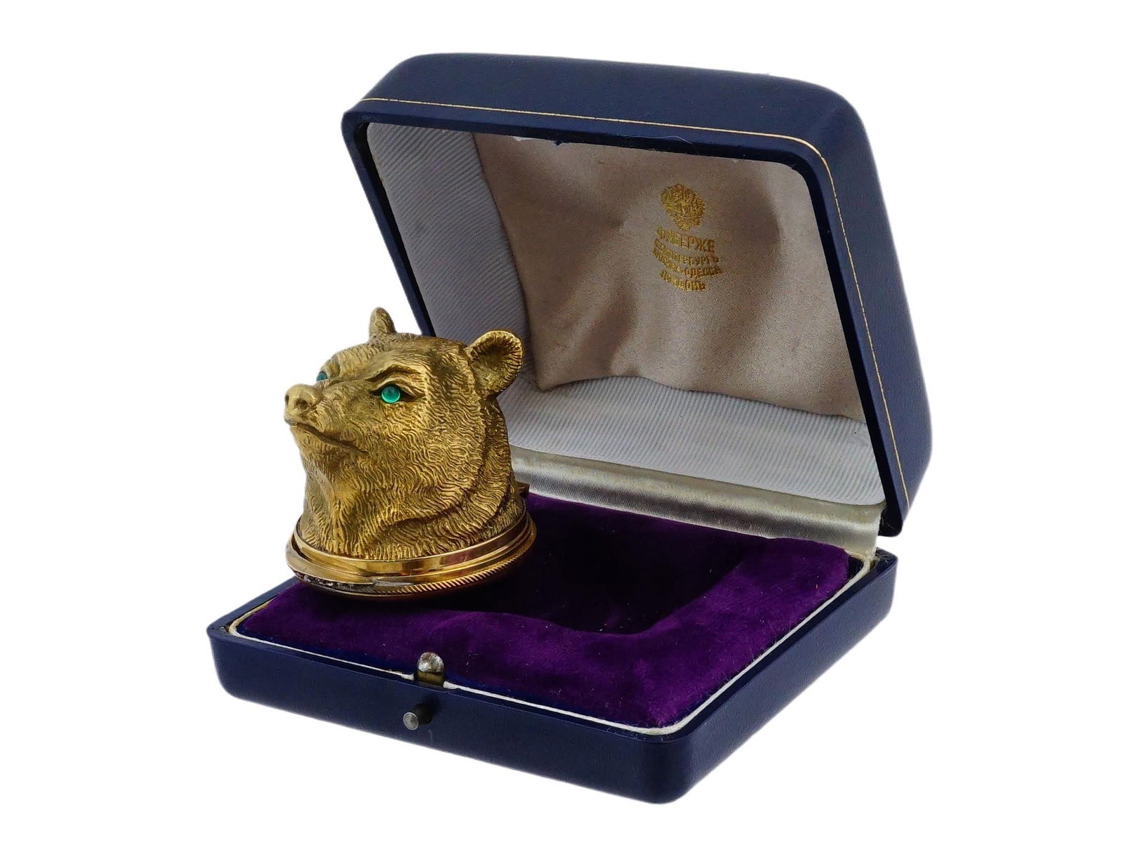 RUSSIAN GILT SILVER ENAMEL BEAR FIGURAL PILL BOX IOB: A Russian 84 gilt silver and enamel pill box. The ware is made in a bear head design. The eyes of the bear are set with green cabochons. The ware is covered with Guilloche enamel in a white shades and