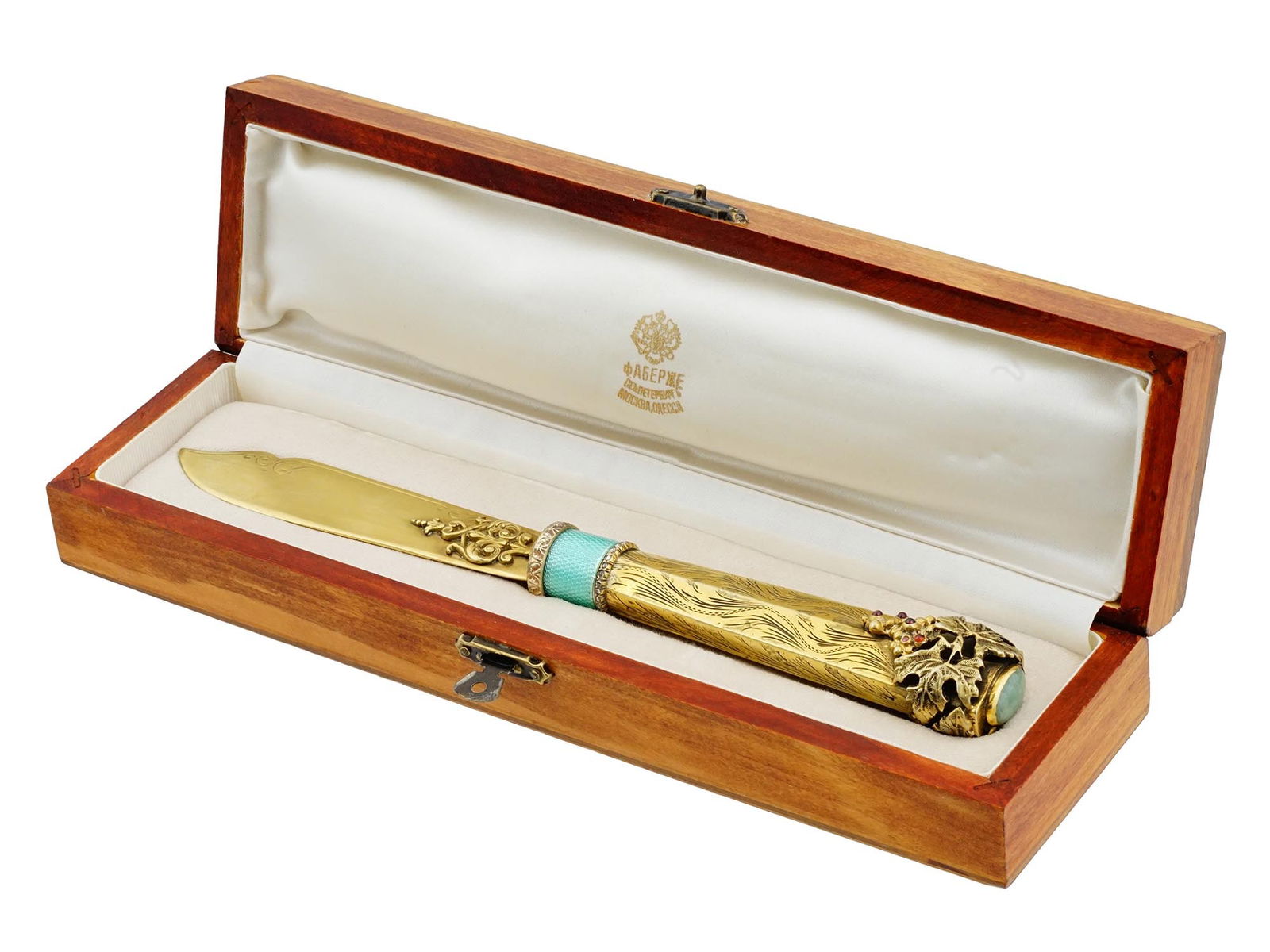 RUSSIAN SILVER ENAMEL GARNET JADE LETTER OPENER IOB: A Russian 84 gilt Silver and enamel letter opener. The handle is engraved with foliage patterns, covered with Guilloche enamel in a turquoise shade, adorned with a relief grape vine design, encrusted