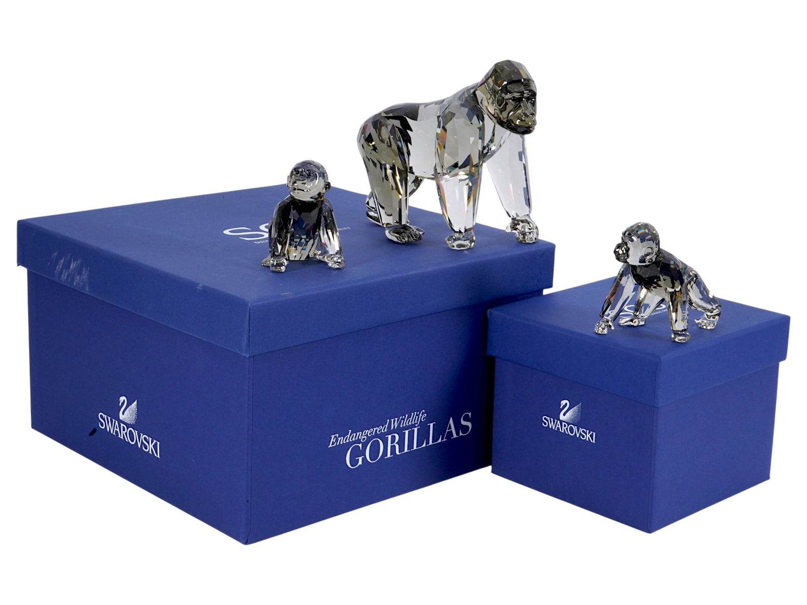 GROUP OF SWAROVSKI CRYSTAL GORILLA WITH CUBS IOB: A group of Swarovski Crystal Society Annual Edition 2009 Gorillas set from the Endangered Wildlife trilogy. This collection was notable for being the first time Swarovski released an Annual Edition fe