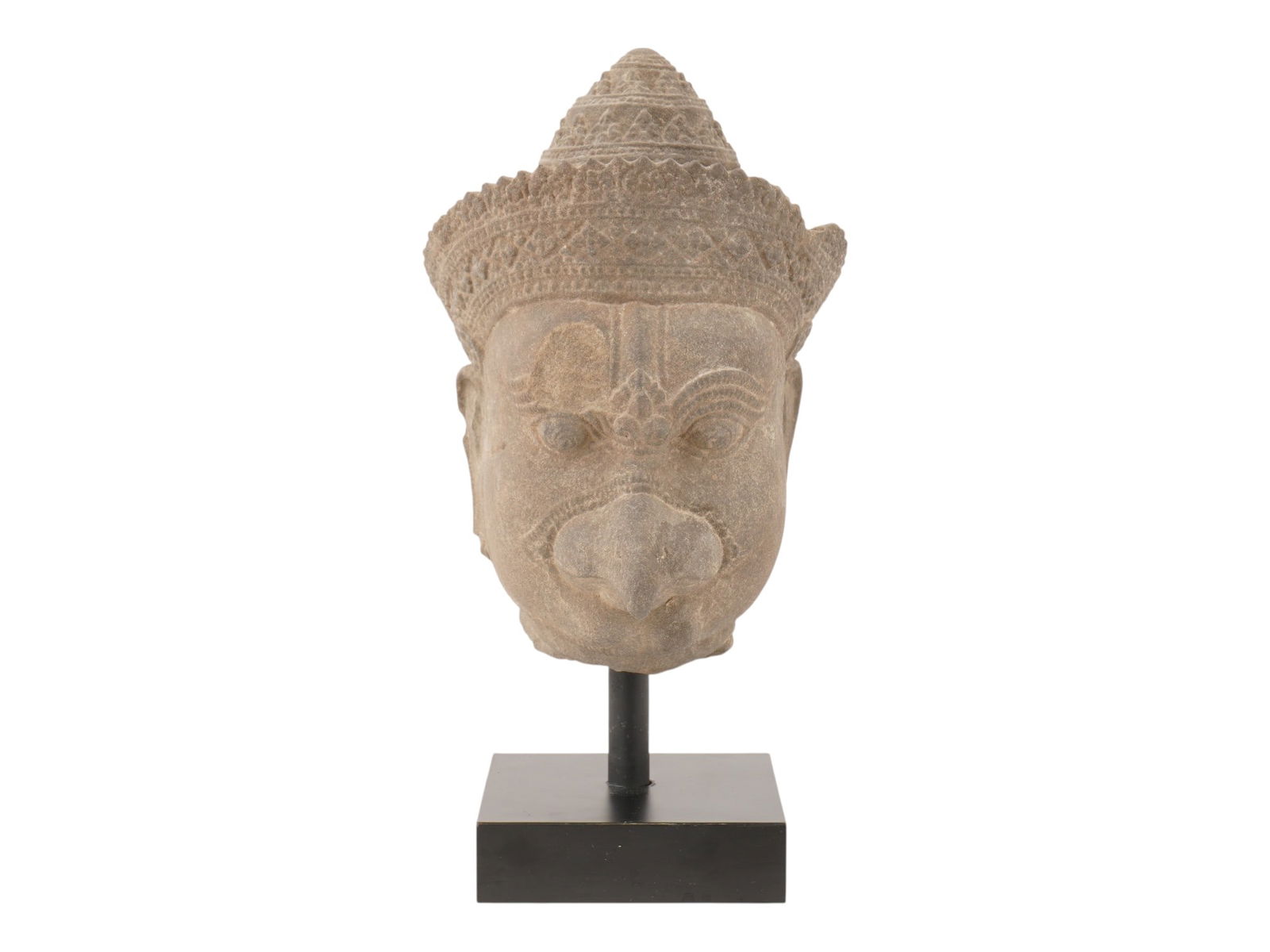BUDDHIST HAND CARVED SAND STONE GARUDA HEAD FIGURINE: A Buddhist Hand carved sandstone head of Garuda, the mythical king of birds in Hindu and Buddhist mythology. Garuda is depicted with anthropomorphic facial features, but with a distinct bird like beak