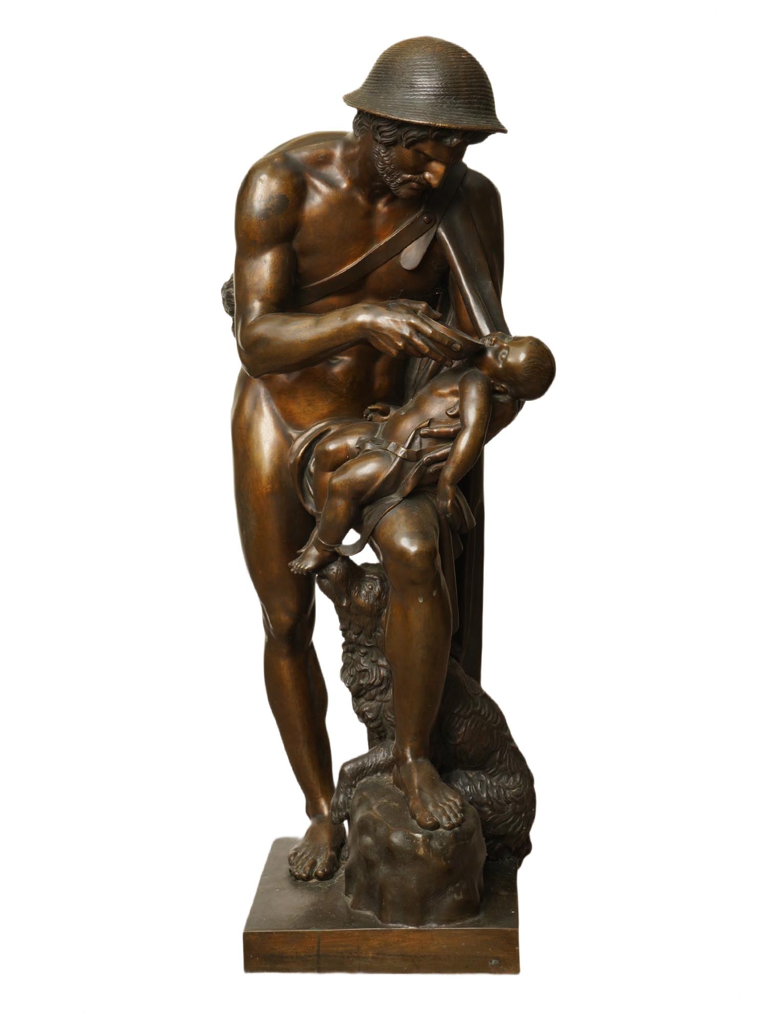 LARGE BRONZE SCULPTURE AFTER ANTOINE DENIS CHAUDET: A large patinated bronze sculpture, The Child Oedipus brought back to life by the shepherd Phorbas, who took him off the tree, after the antique by Denis Antoine Chaudet, 1763 to 1810. Mounted on a