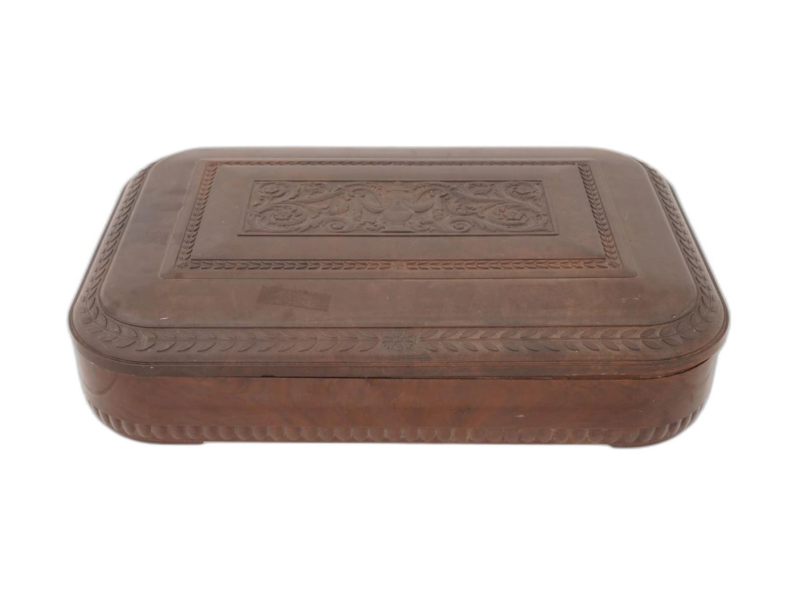 LARGE VINTAGE MARSHALL WHITE CO ART DECO PLASTIC BOX: A large vintage Art Deco brown plastic box or flatware storage chest by the Marshall White Co. Chicago. Of a rectangular shape with rounded corners, decorated with embossed Neoclassical designs with