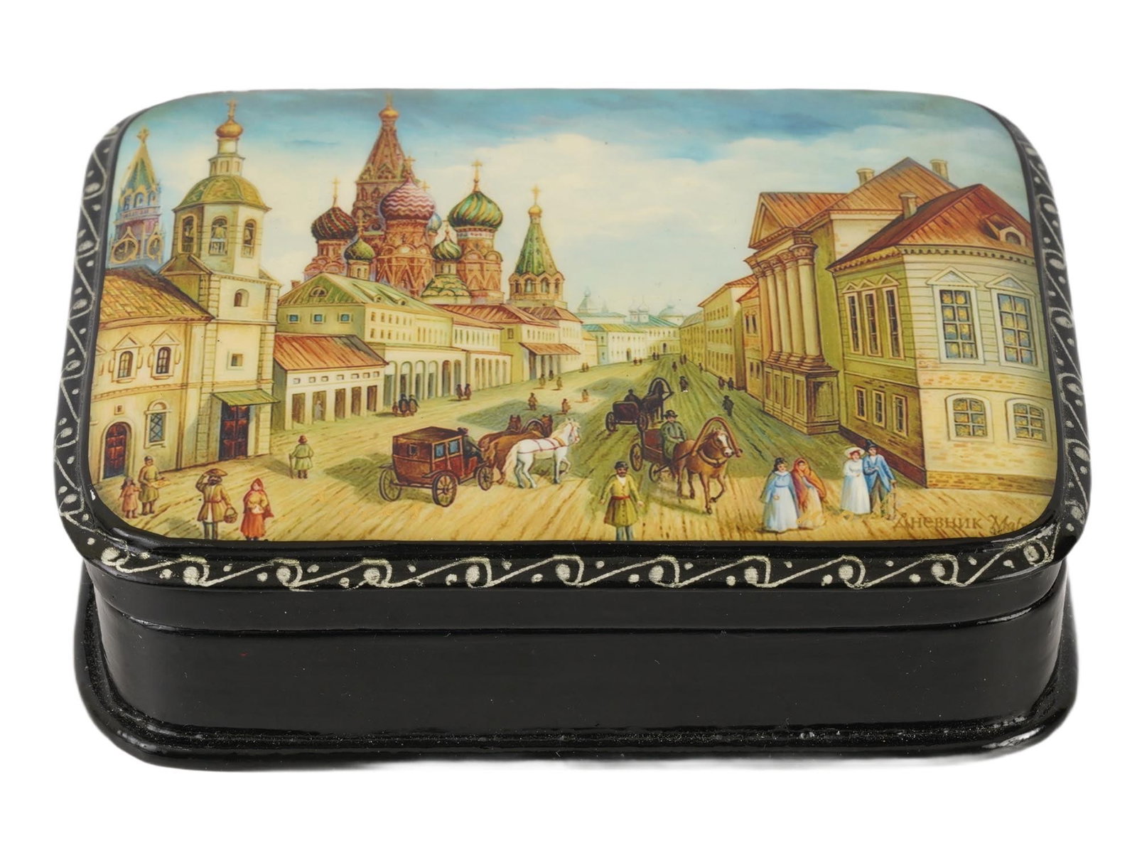 VINTAGE RUSSIAN FEDOSKINO LACQUER MINIATURE BOX: A vintage Russian Fedoskino lacquer miniature box. The scene depicts a historical view of Moscow, specifically Moskvoretskaya Street looking toward Saint Basils Cathedral. Bears a paper with