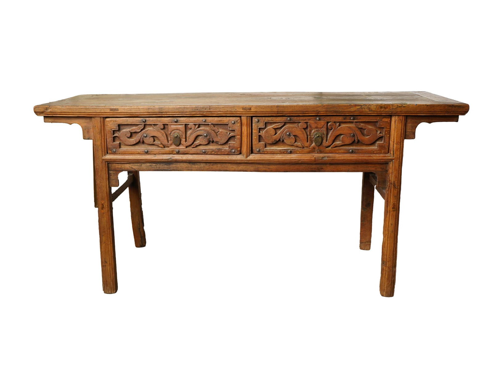 ANTIQUE CHINESE CARVED WOOD TWO DRAW COFFER 18TH C: An antique Chinese hand carved wooden two-draw coffer. Circa the 18th century. Such tables were traditionally used for ancestor worship or as elegant entry hall furniture in classical Chinese homes. B