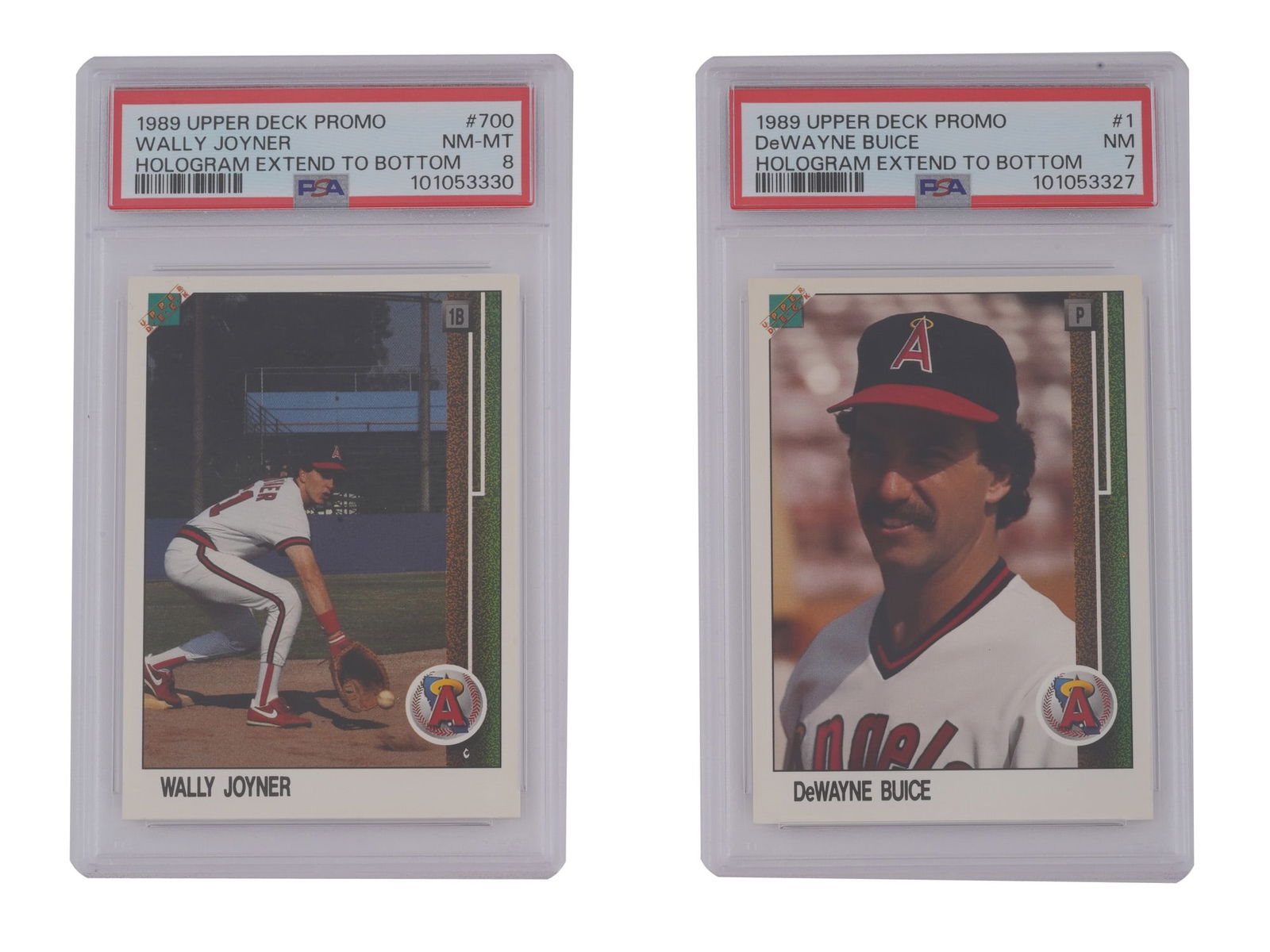 1989 UPPER DECK PROMO CARDS JOYNER AND BUICE PSA: A unique opportunity for collectors of baseball cards and rare promotional items! This auction features two 1989 Upper Deck Promo cards, each with the hologram extending to the bottom, a notable