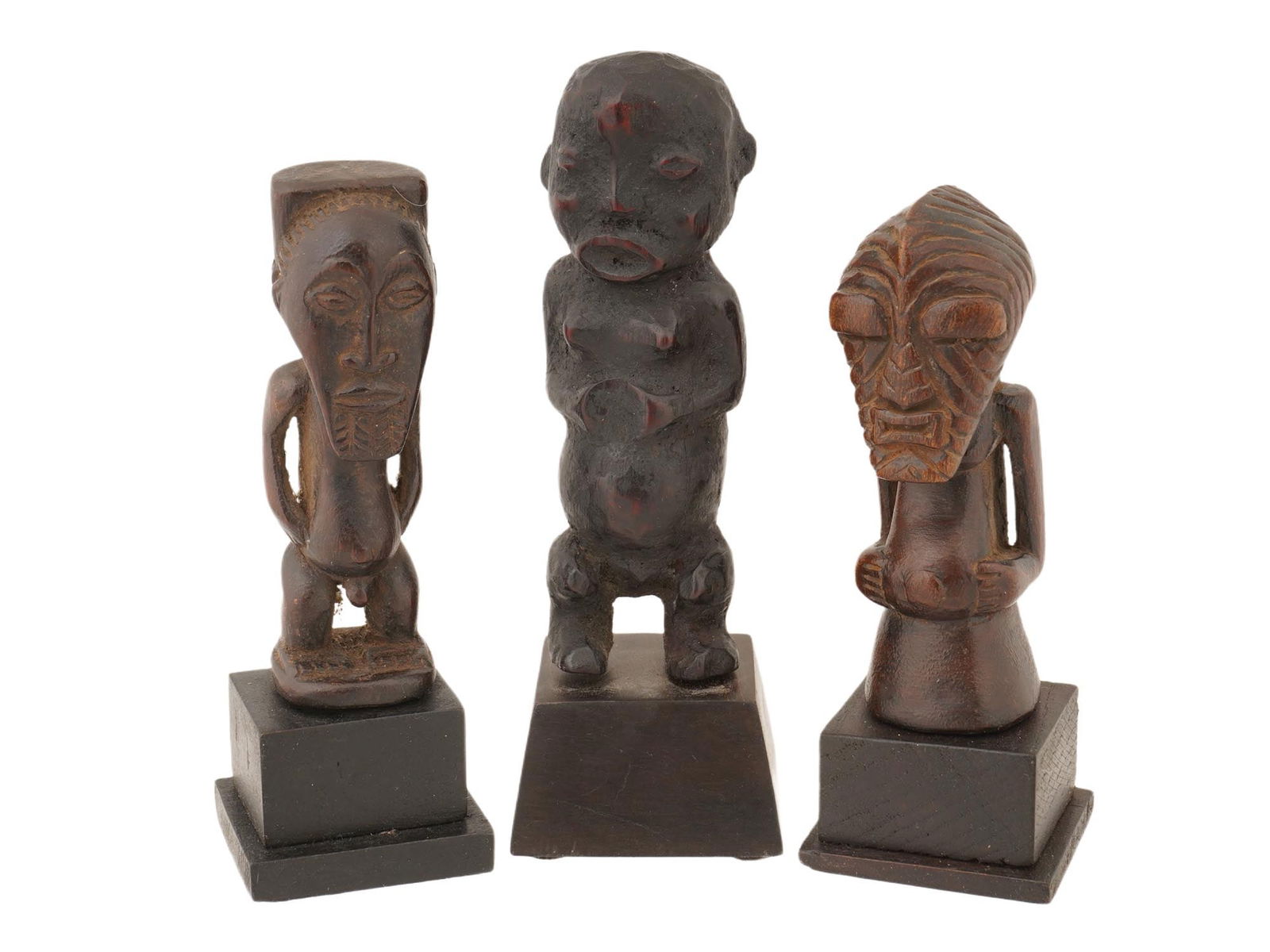 THREE MINIATURE AFRICAN HAND CARVED WOODEN FIGURINES (1 of 7)
