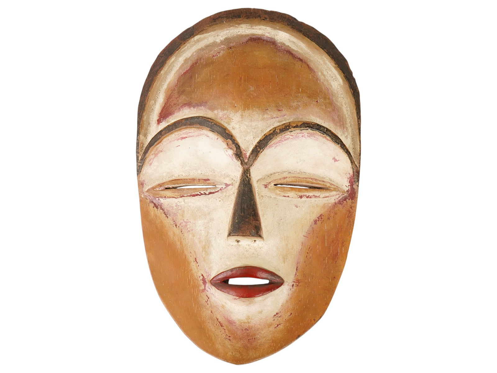CENTRAL AFRICAN GABON MITSOGO PEOPLE FACE MASK: An African Mitsogo or Tsogo wooden mask from Gabon. It is a significant cultural artifact used primarily by the Bwiti, a powerful mens initiation society common among the Mitsogo and neighboring