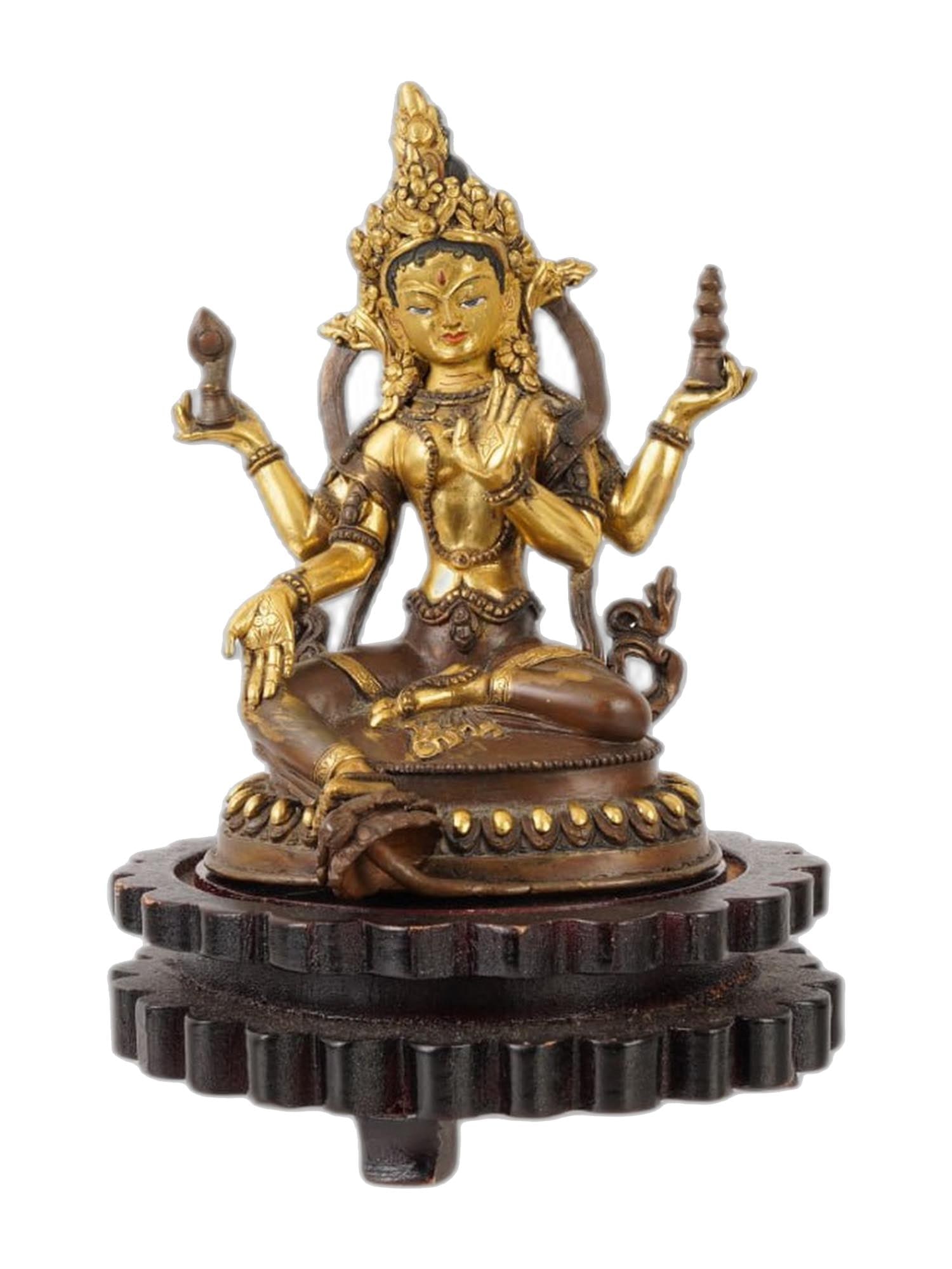 ANTIQUE 19TH C GILT BRONZE LAKSHMI SCULPTURE: An antique 19th century, gilt bronze sculpture of the Buddhist and Hindu deity Lakshmi. Presumably of Tibetan origin. The deity is depicted with four hands, two of which are folded in the Varada and