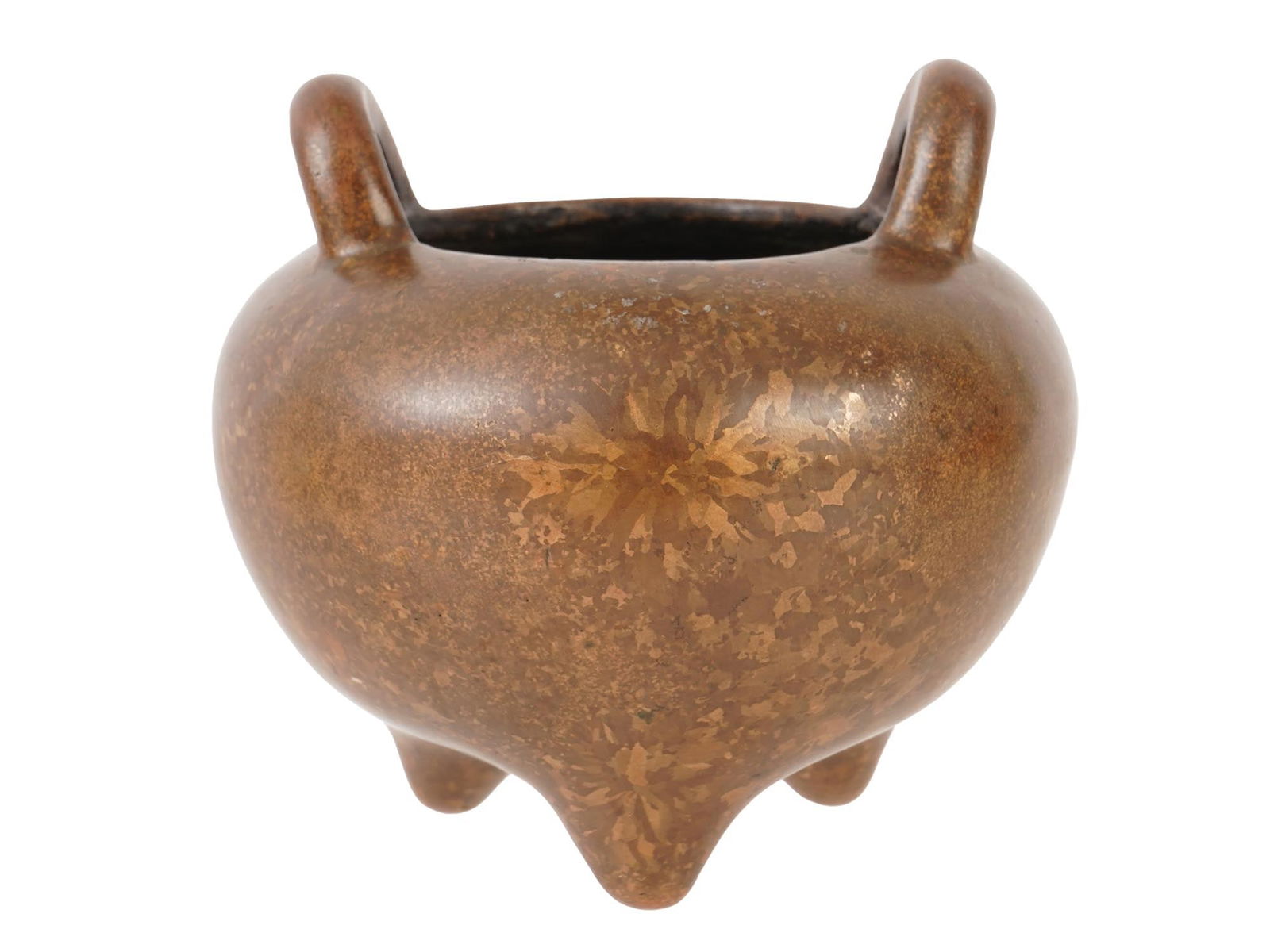 ANTIQUE 19TH C CHINESE TRIPOD BRONZE CENSER: An antique 19th-century Chinese bronze censer. These vessels were traditionally used for burning incense during rituals or as elegant decorative pieces for a scholar's desk. It features a compressed