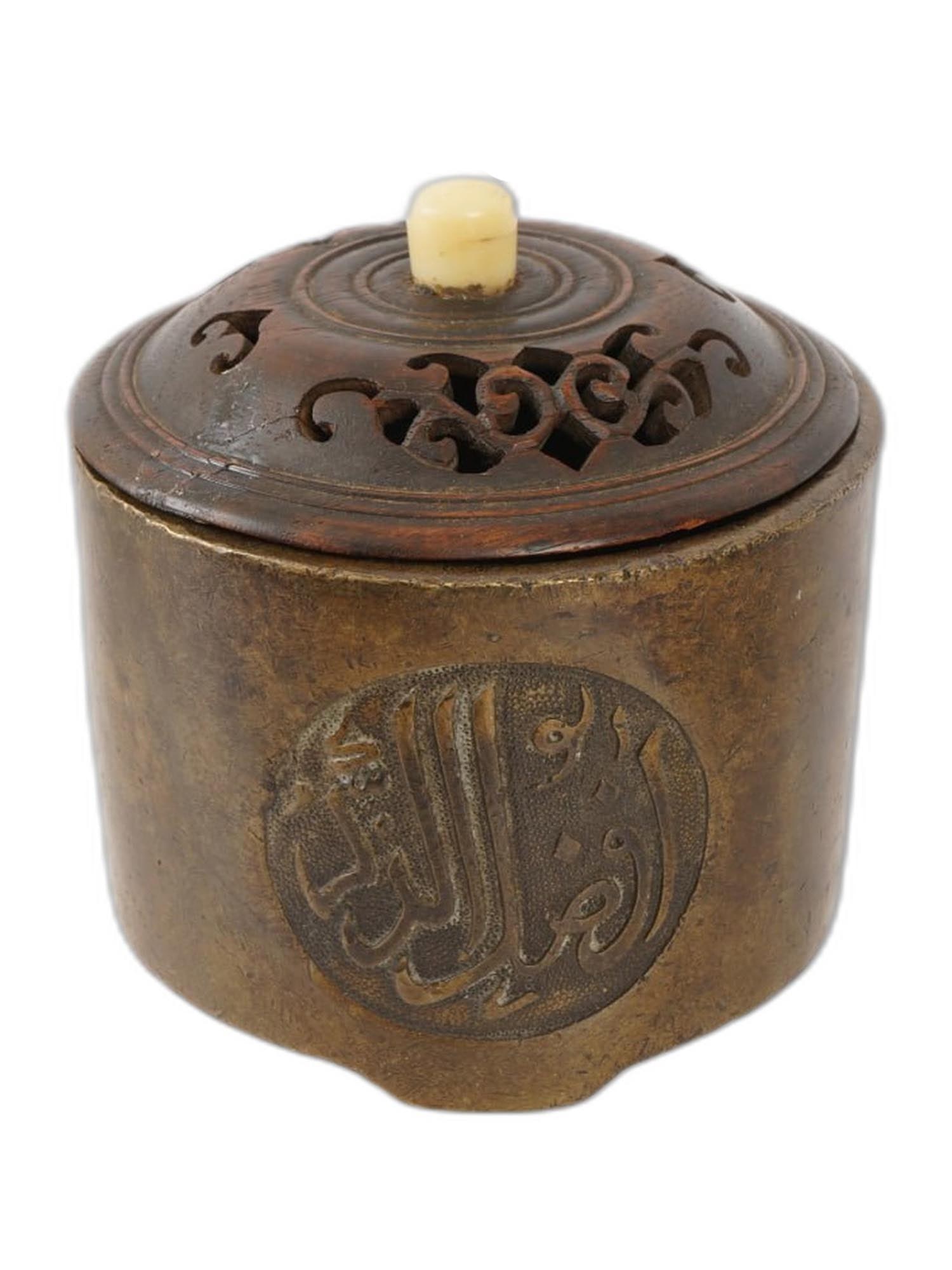 ANTIQUE CHINESE QING DYNASTY BRONZE CENSER W WOOD LID (1 of 7)