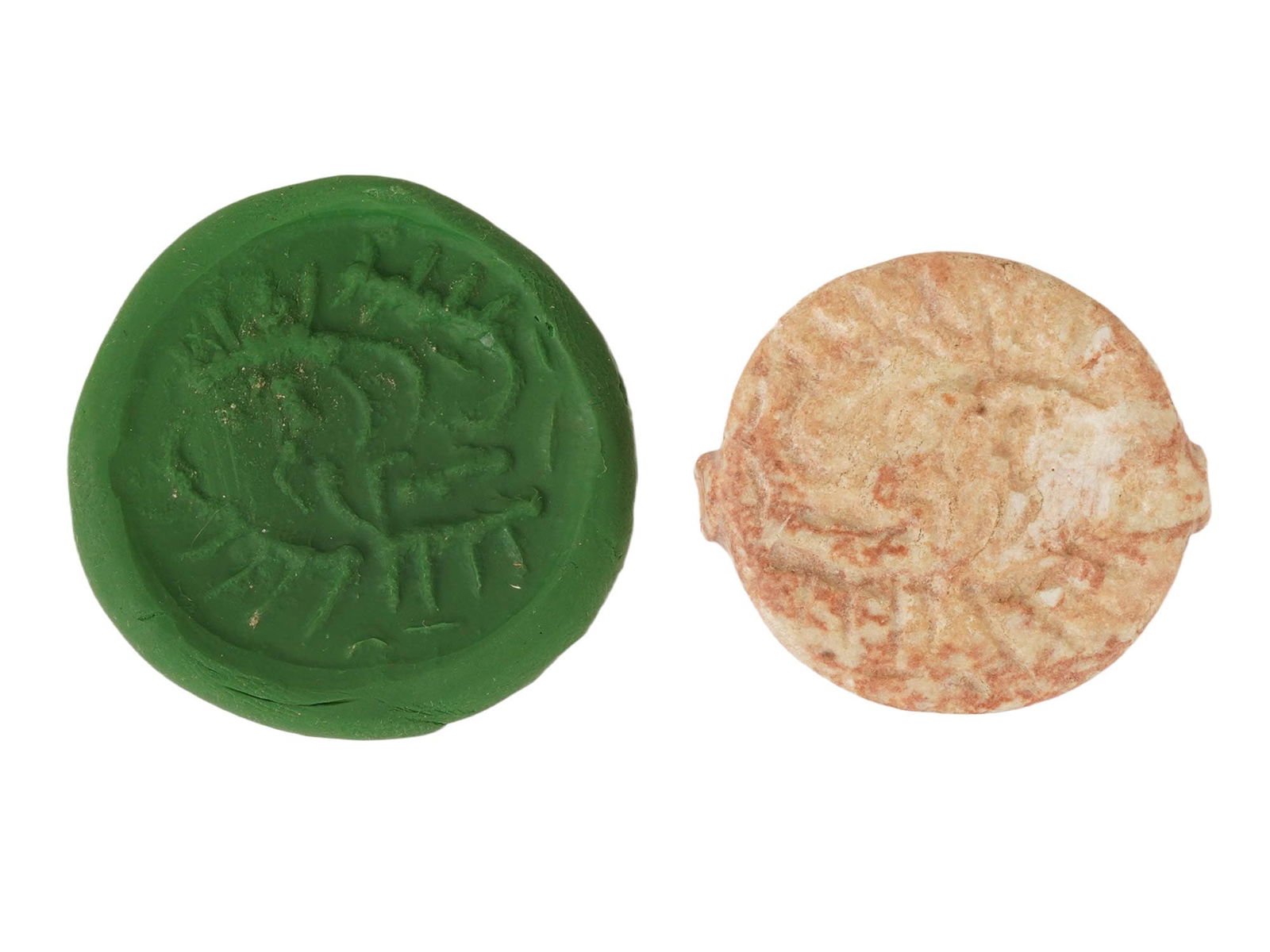 ANCIENT WESTERN ASIATIC MARBLE STAMP SEAL WITH INSECTS: An ancient Western Asiatic marble stamp seal, dating to the 3rd to 2nd millennium BC, carved with stylized images of insects rendered in early geometric form. The seal reflects characteristic Near Eas