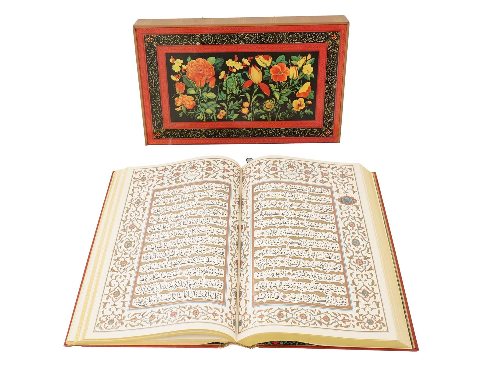 ANTIQUE QURAN MANUSCRIPT BOOK W LACQUERED FLORAL COVER (1 of 12)
