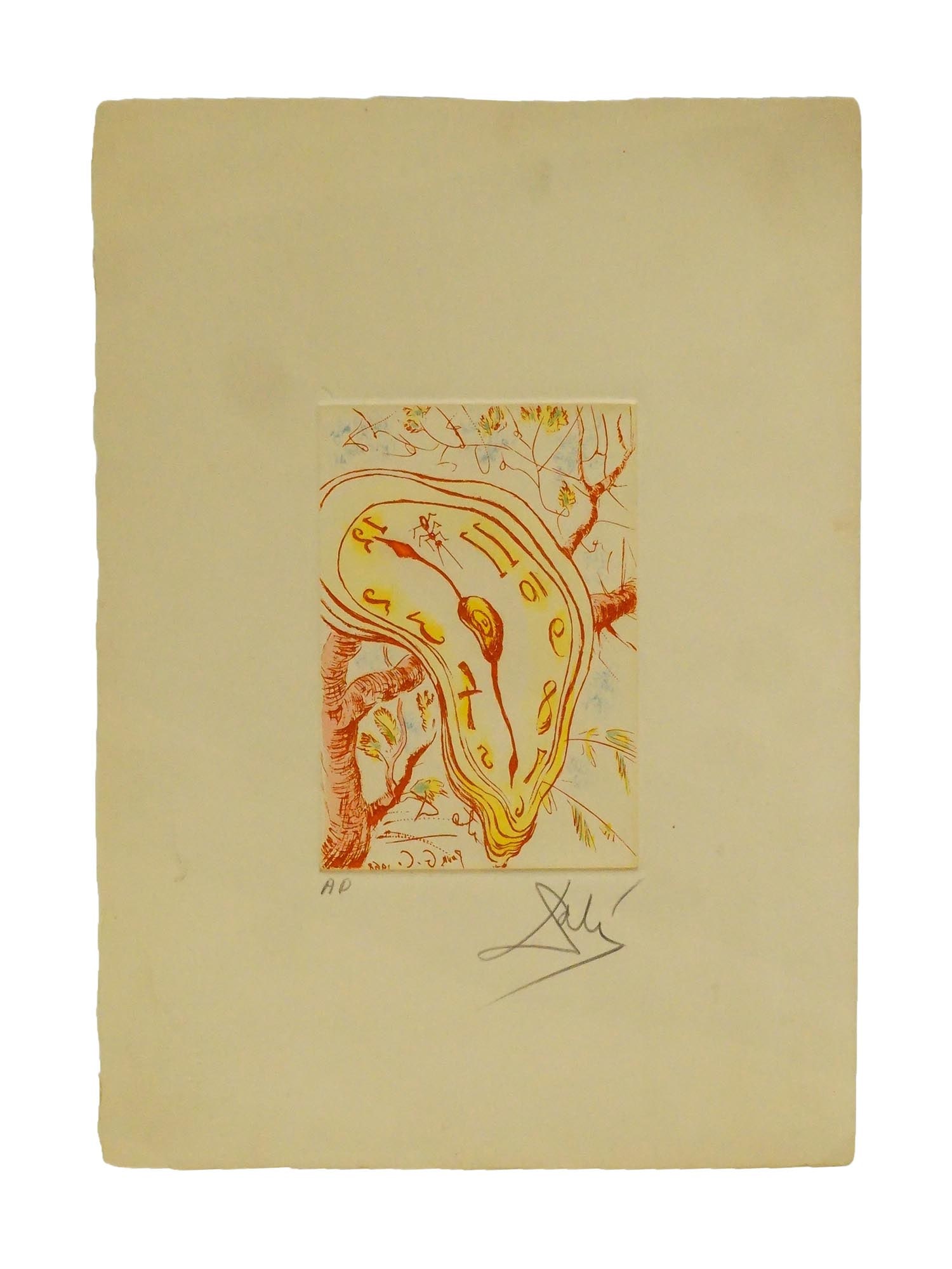 COLOR ETCHING BY SALVADOR DALI MELTING CLOCK 1968: A color etching on paper titled Melting Clock, 1968, by Salvador Dali, featuring the artists iconic surrealist motif of the melting timepiece. Pencil-signed lower right and marked as Artists Proof low