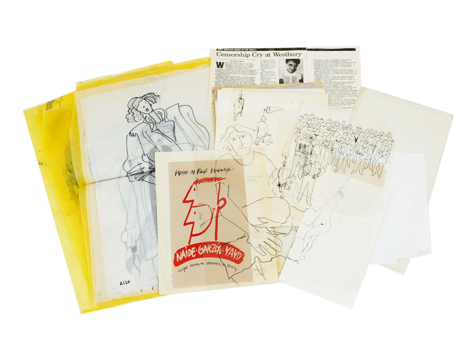 CONTEMPORARY MIXED MEDIA PORTFOLIO BY ALFREDO GARZON: Alfredo Garzon, Argentinean, 1940 to 2014, a mixed media portfolio including fashion sketches, cartoon illustrations, brochures. One is inscribed, Casa Alfredo Garzon Perspectiva Axonometrica Escala 1