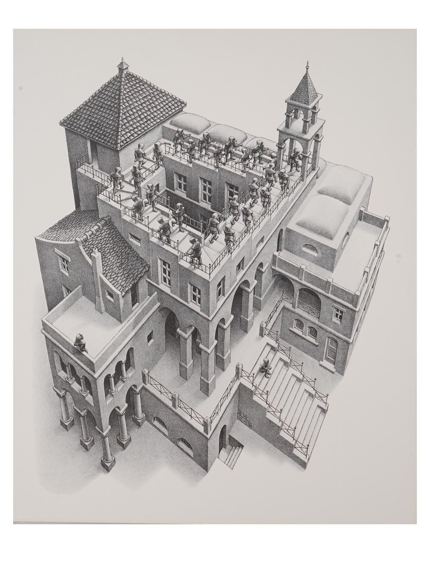 AFTER ESCHER DUTCH IMPOSSIBLE OBJECT OFFSET PRINT: Offset print on board, after the 1960 artwork titled Ascending and Descending by Maurits Cornelis Escher, or M.C. Escher, 1898 to 1972, a Dutch graphic artist whose work explores mathematical objects