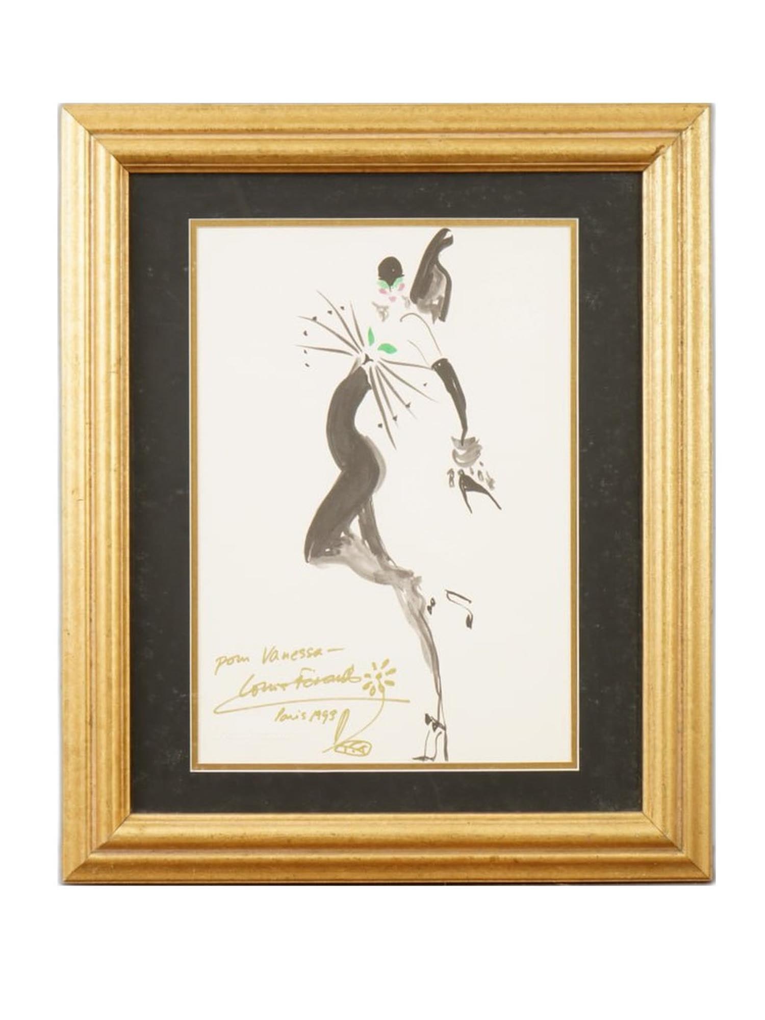 HAND PAINTED FASHION SKETCH SIGNED LOUIS FERAUD: A hand-painted haute couture fashion sketch executed in watercolor on paper, signed lower left Louis Feraud, the celebrated French couturier renowned for his vibrant, expressive designs. The